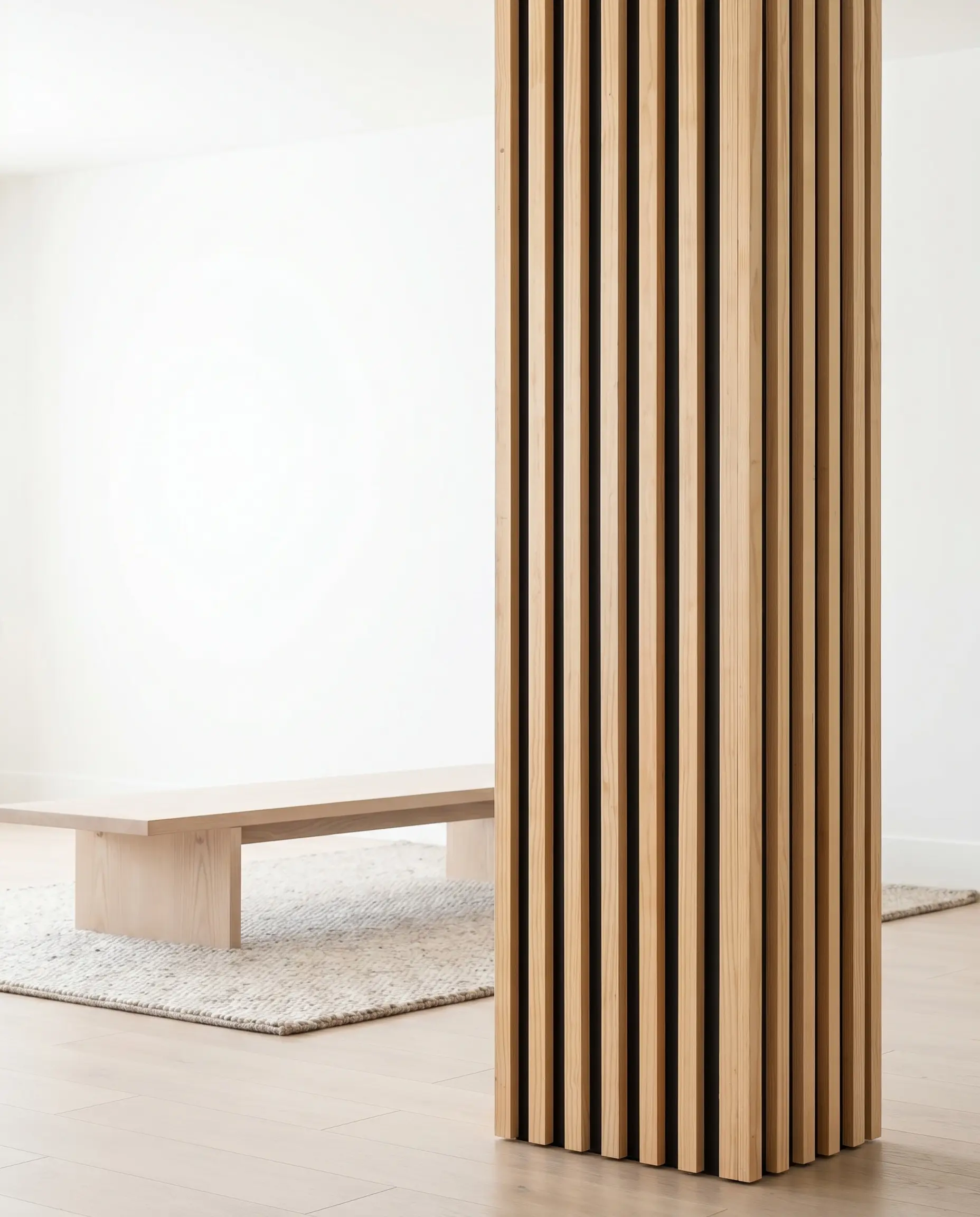 Vertical clear pine slats over pitch black negative space wrap a square structural support in a Japandi open-concept layout with an ash wood bench.