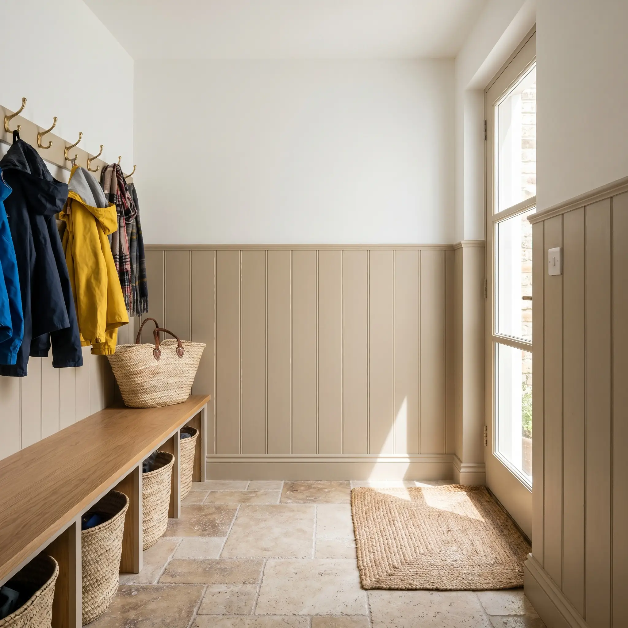 Vertical shiplap millwork painted a golden sepia undertone covers the lower mudroom walls alongside a built-in bench, woven baskets, and tumbled travertine stone floors.
