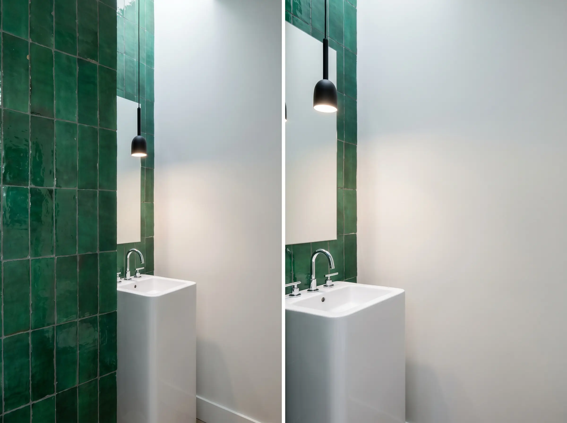 A sleek contemporary pedestal sink and minimalist pendant lighting sit in front of rectangular green Moroccan tiles installed in a rigid vertical straight stack.