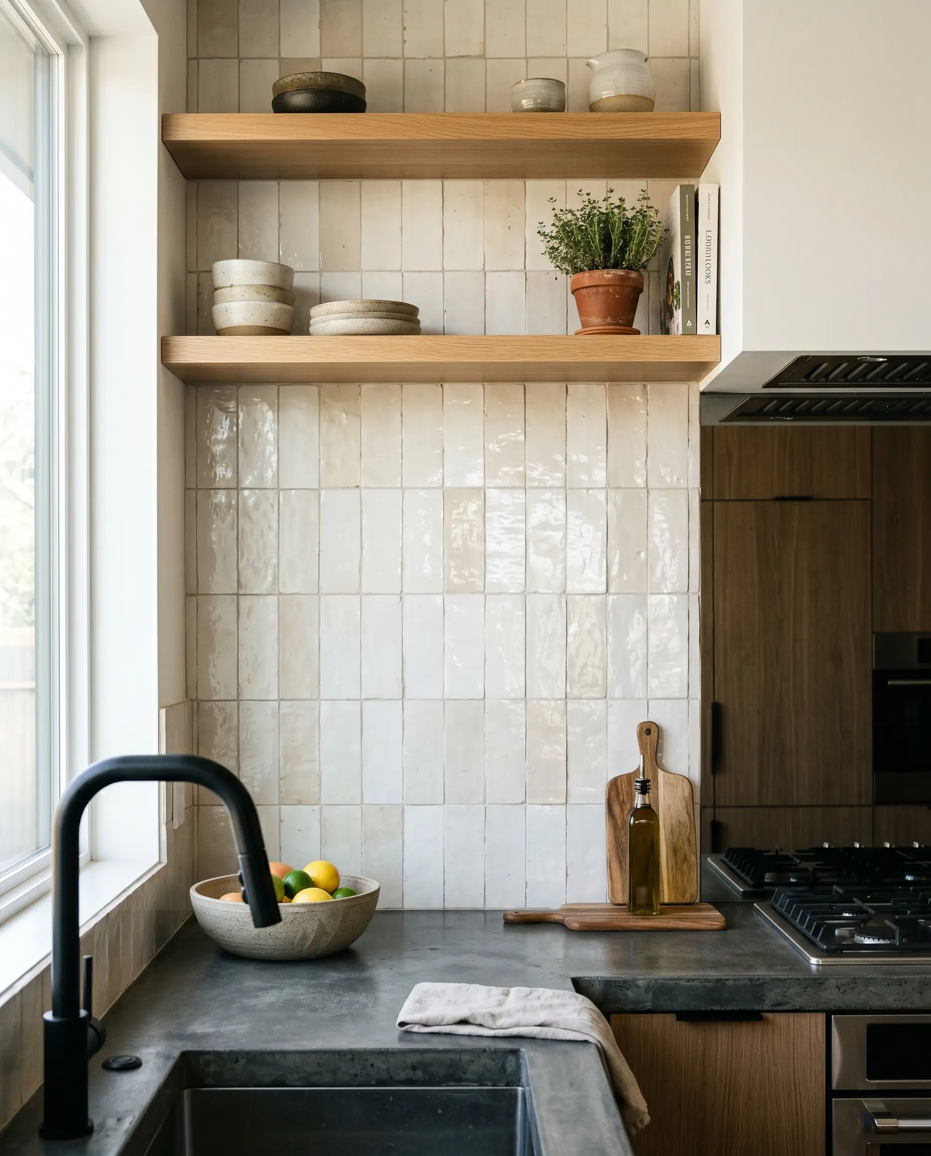 A strict straight-set vertical grid of glossy ivory terracotta tiles interacts with sleek contemporary upper shelving and modern countertop styling.