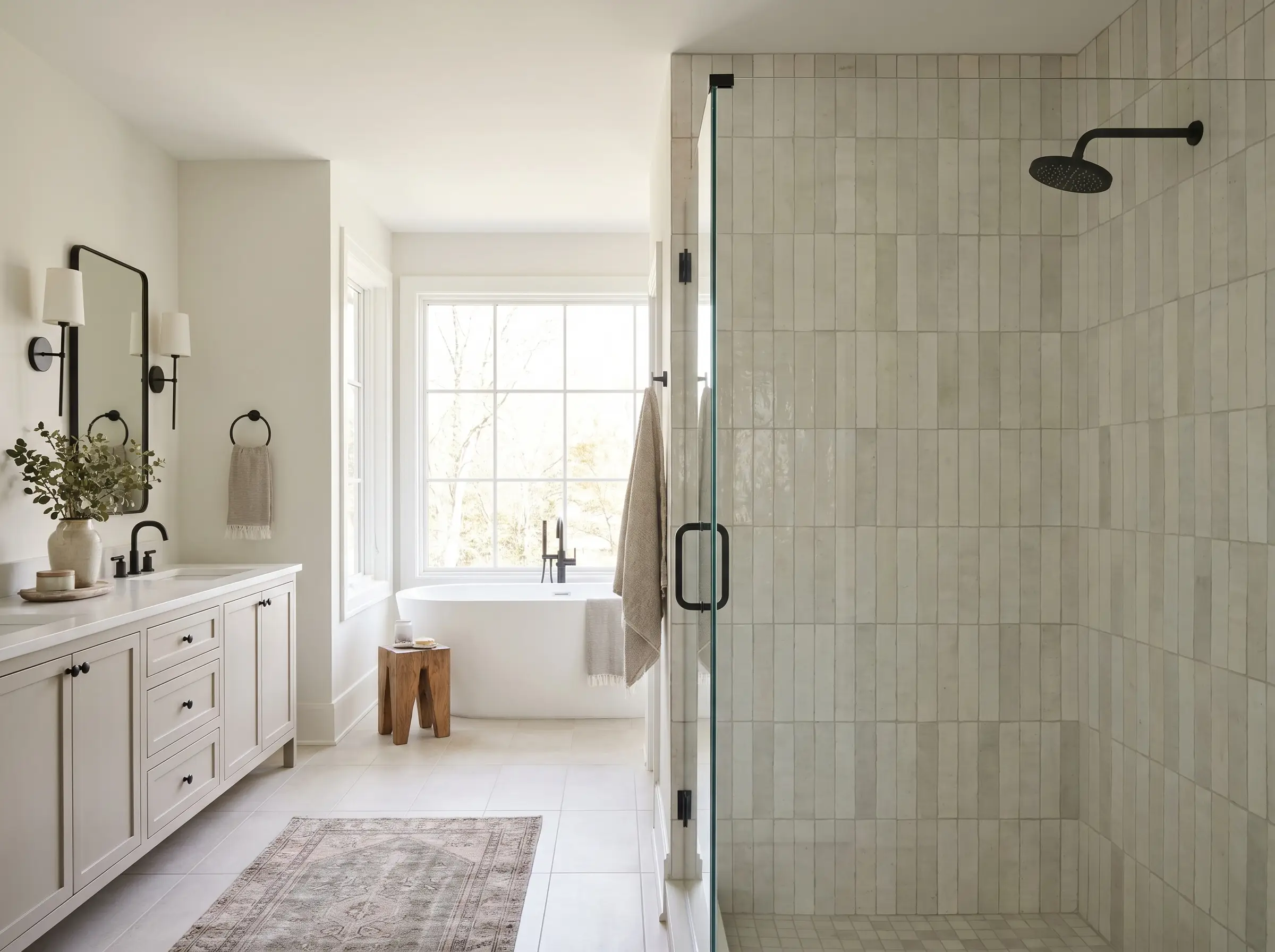 Rectangular clay tiles installed in a precise vertical straight-stack bond reach the ceiling alongside a matte black showerhead and a frameless glass enclosure.