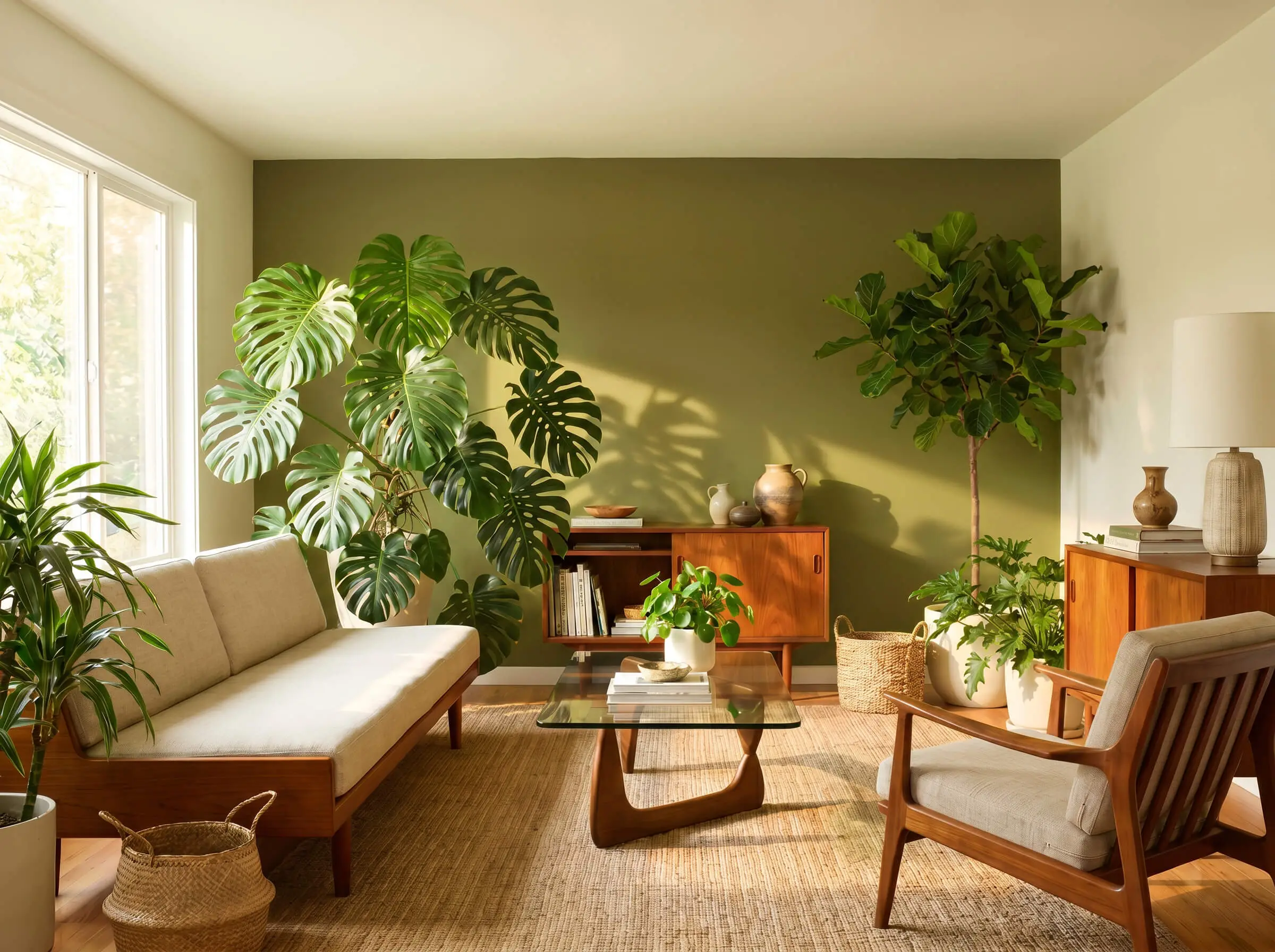 A low-profile teak wood sofa and glass coffee table sit near a large potted Monstera against a vibrant yellow-based green wall.