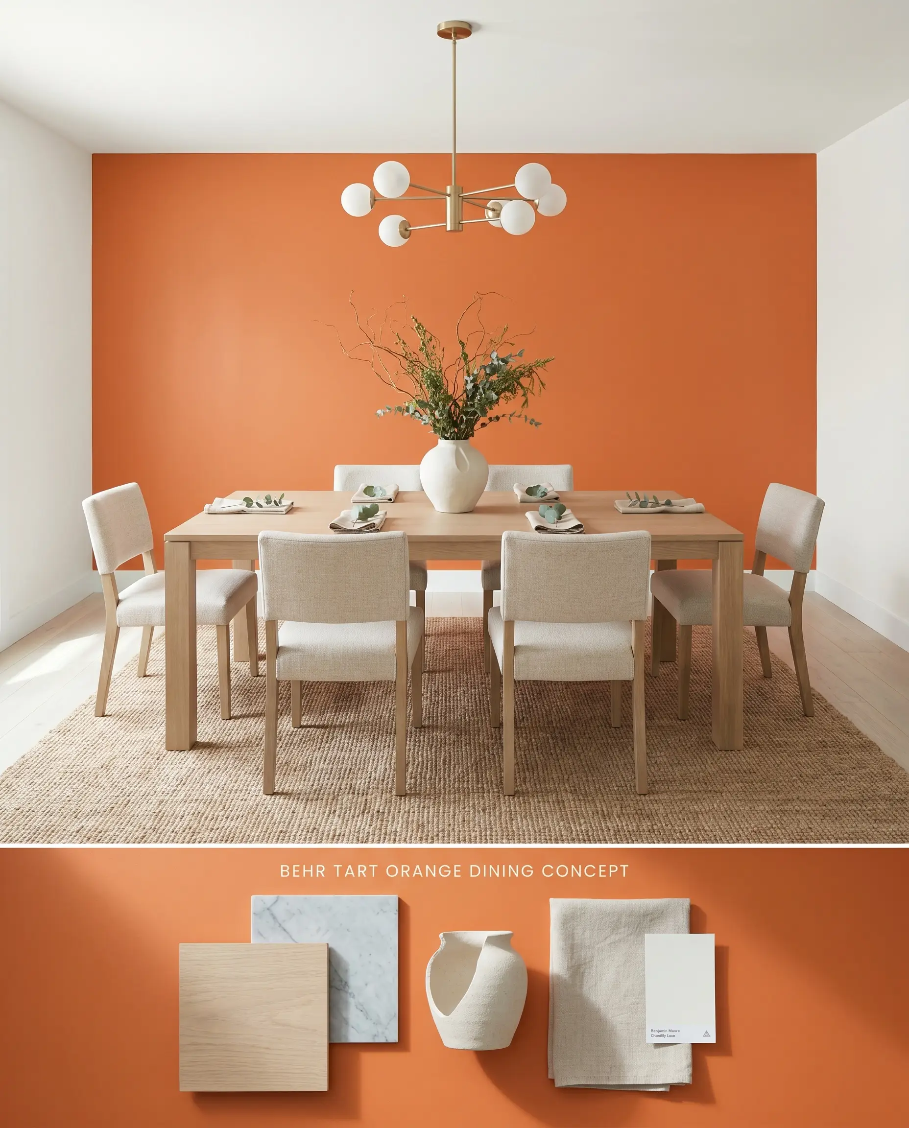 A split digital conceptual board for a dining room showcasing a Behr HDC-MD-27 accent wall and light oak furniture above a physical flat-lay of wood and stone samples.