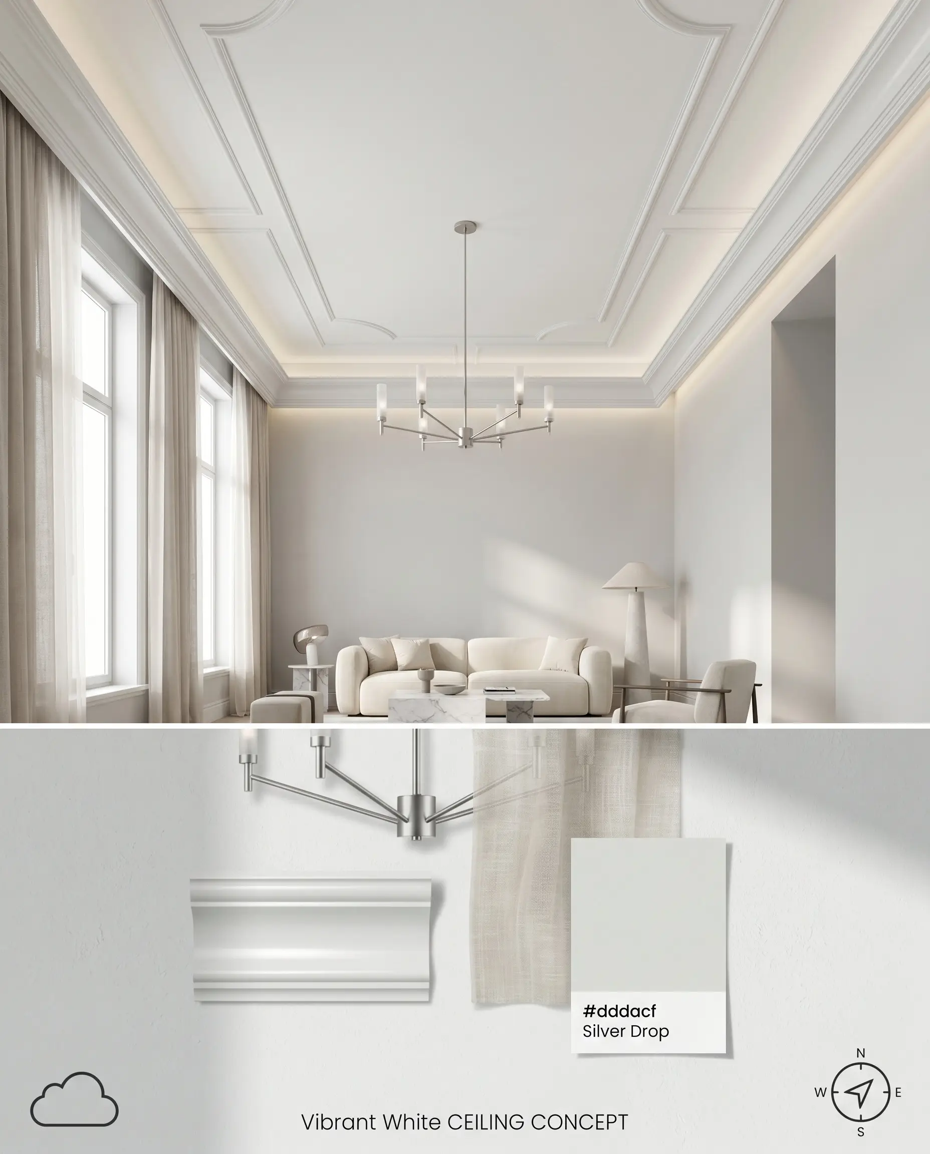An architectural split conceptual board highlighting an ultra-flat Vibrant White ceiling and semi-gloss molding, set above a sheer linen drape and Silver Drop swatch.