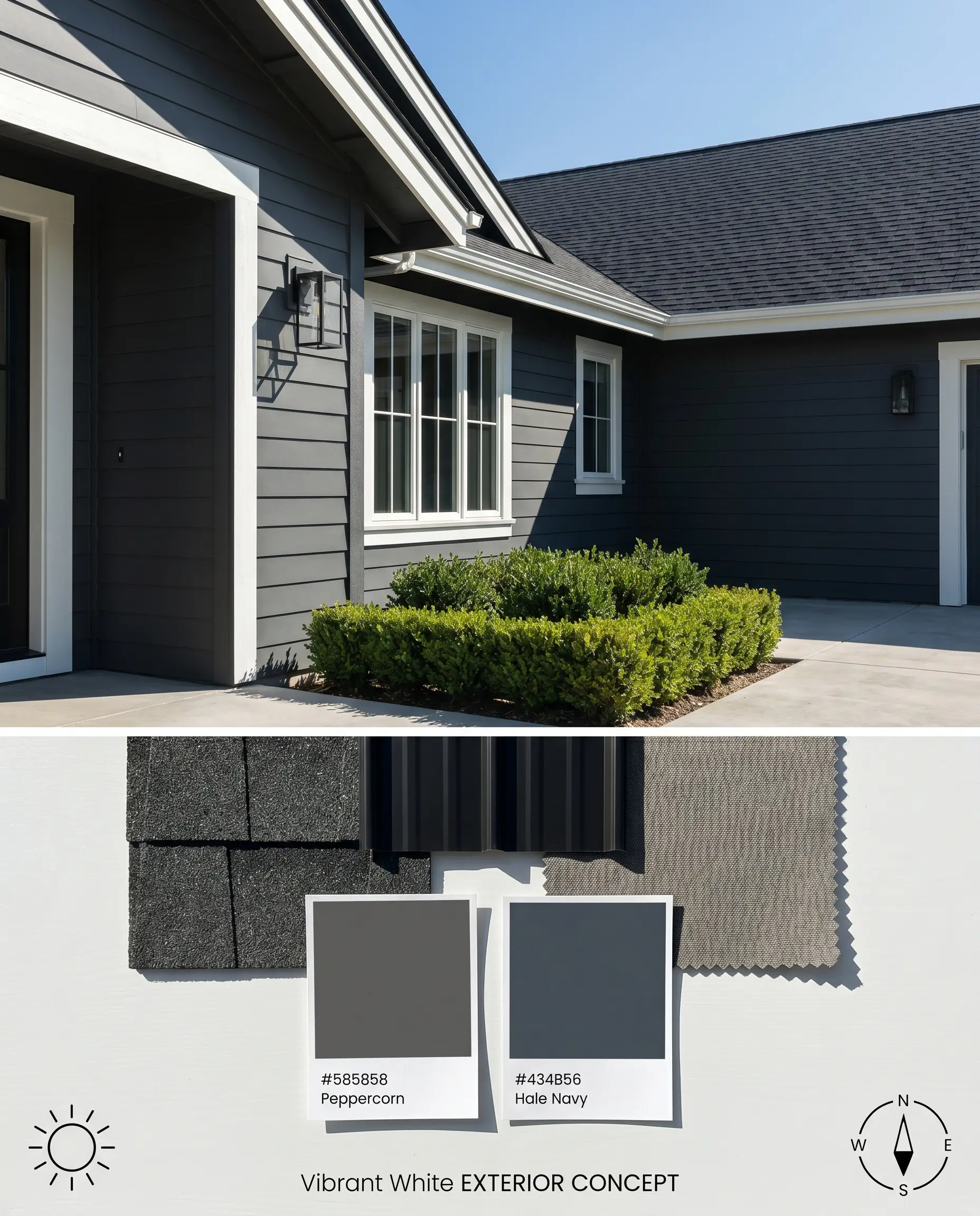 This composite digital visualization features Vibrant White exterior trim under intense Southern sunlight, positioned above architectural shingles and dark navy paint swatches.