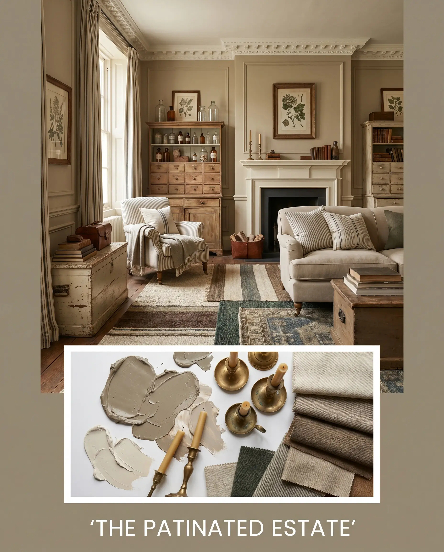 An editorial concept board titled The Patinated Estate displays vintage apothecary cabinets alongside unlacquered brass candlesticks and worsted wool fabric swatches.