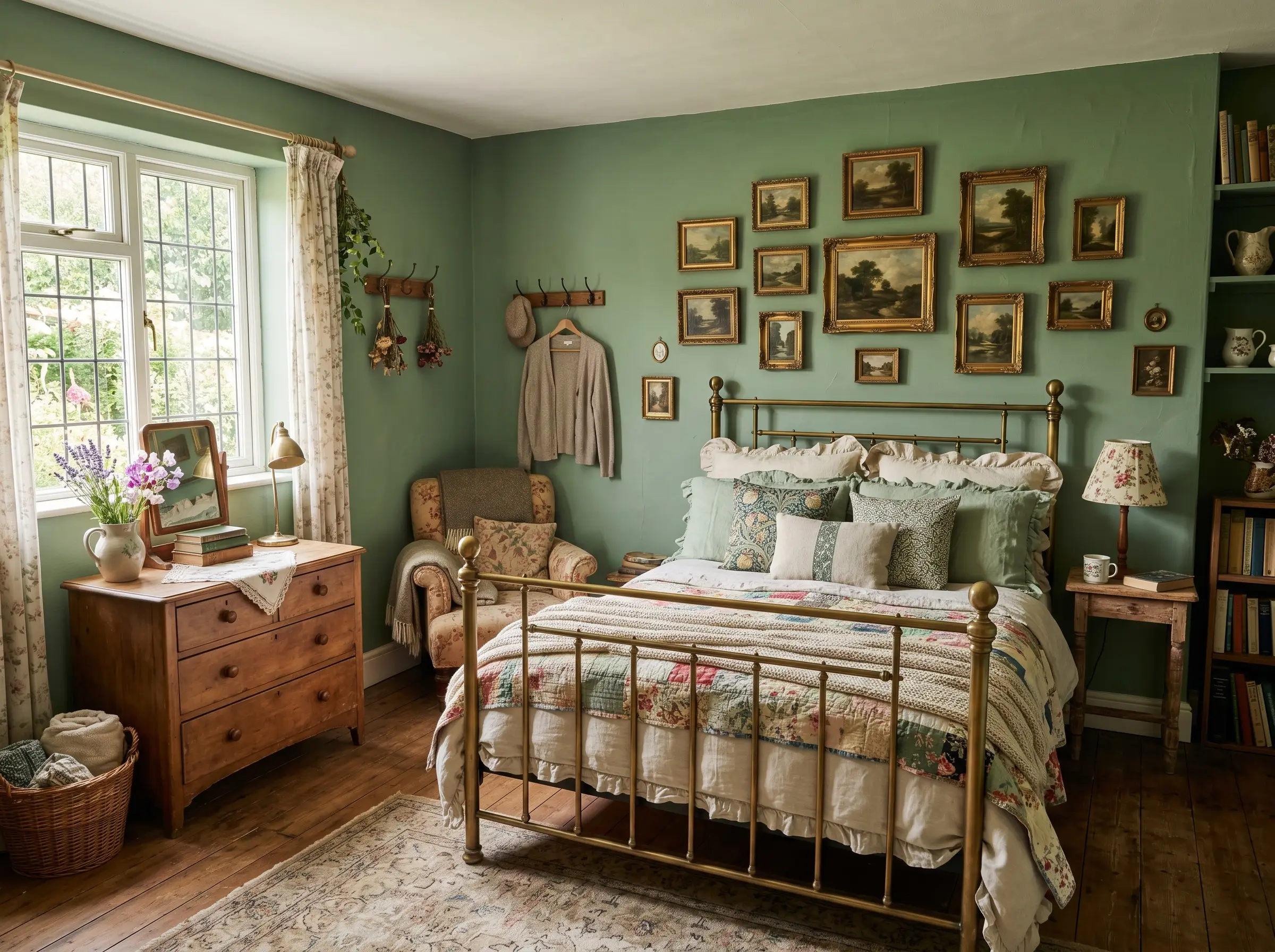 A vintage brass bed frame dressed in ruffled linen shams sits below antique oil landscape paintings in ornate gilded frames on medium green drywall.