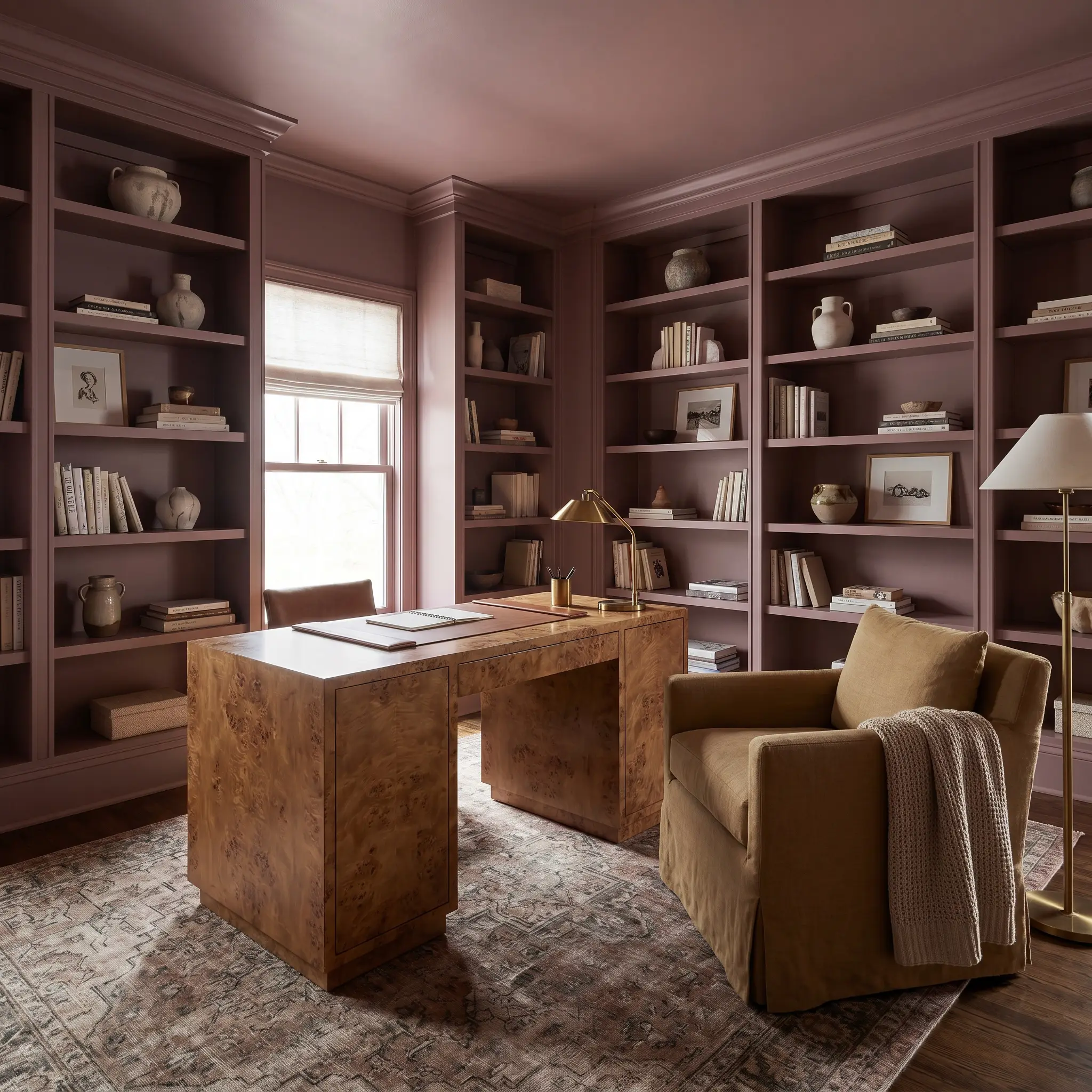 A vintage burl wood parsons desk and muted ocher slipcovered club chair anchor a color-drenched home study featuring an intimate spatial perception.