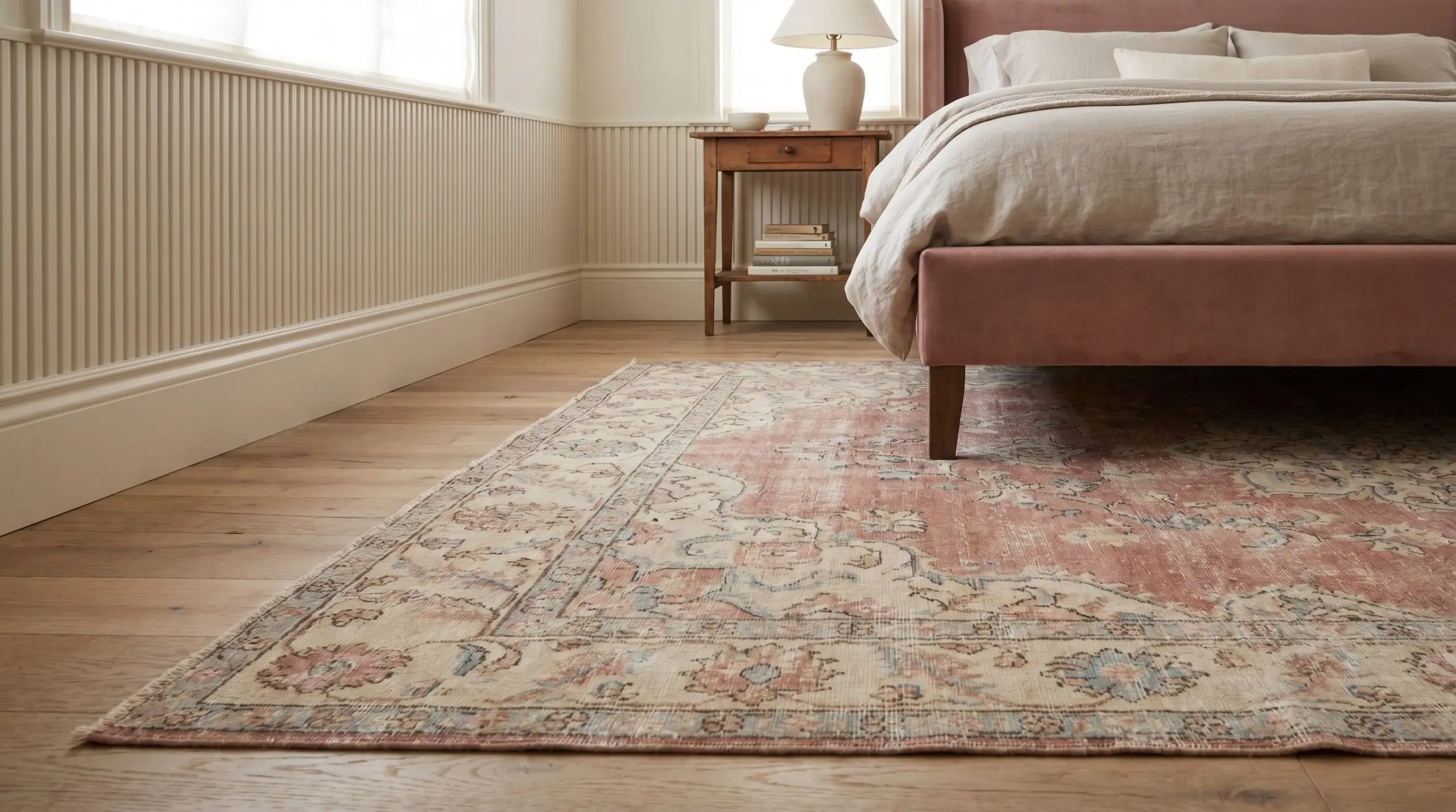 A muted vintage Turkish Oushak rug in faded pinks and creams lies over wide-plank European white oak floors near a dusty rose velvet bed.