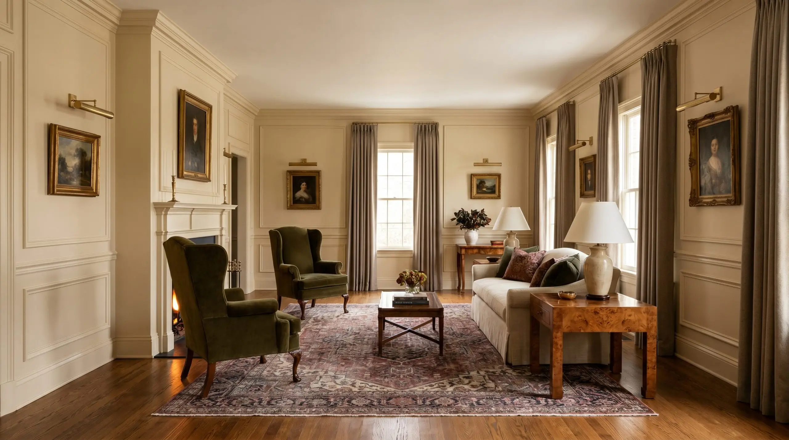 Extensive picture molding and tall baseboards coated in a buttercream hue complement rich oak hardwood floors, a mohair wingback chair, and worsted wool curtains.