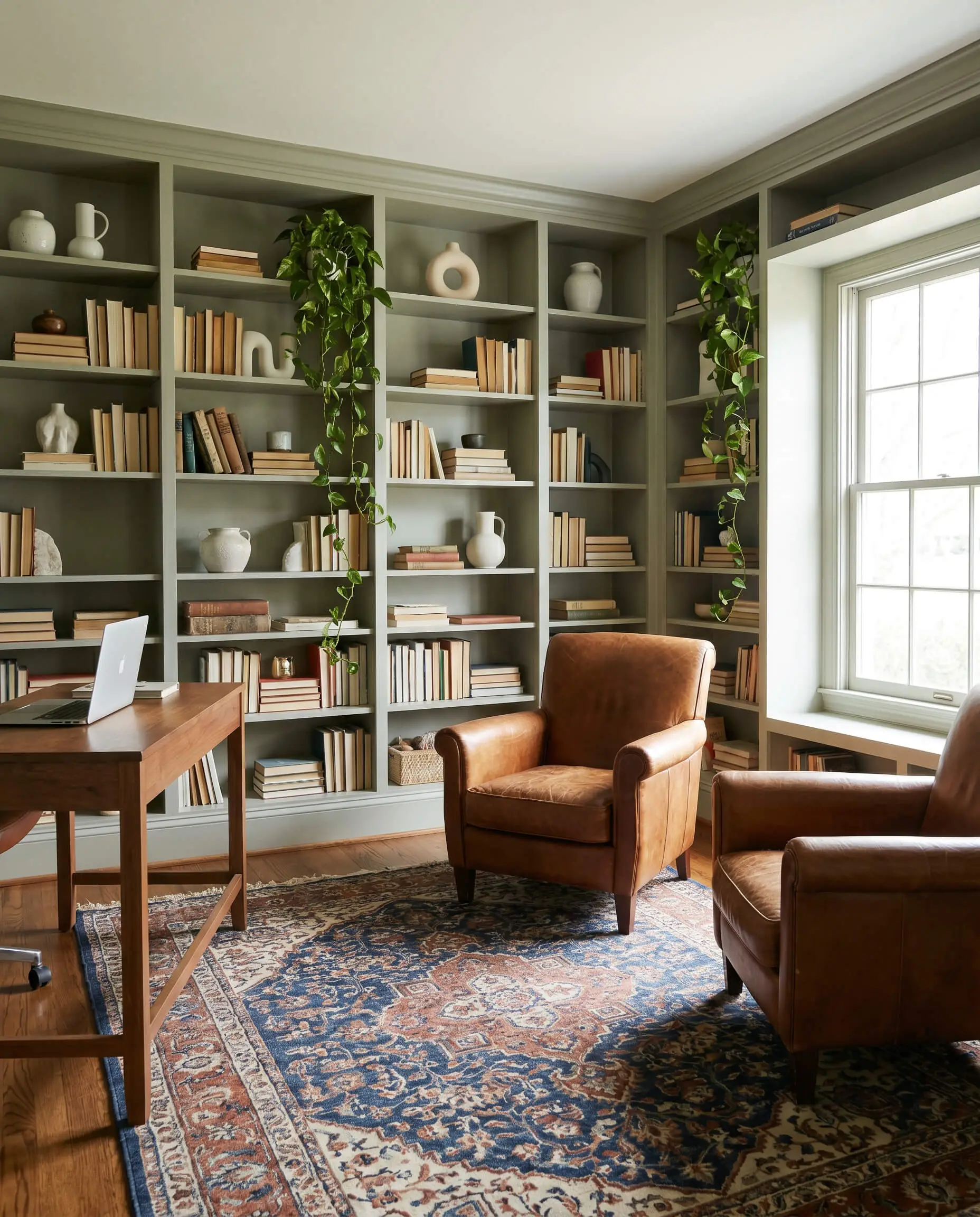Wall-to-wall built-in bookcases painted in Benjamin Moore Saybrook Sage display minimalist ceramic clusters behind a pair of worn saddle leather chairs in a sunlit study.