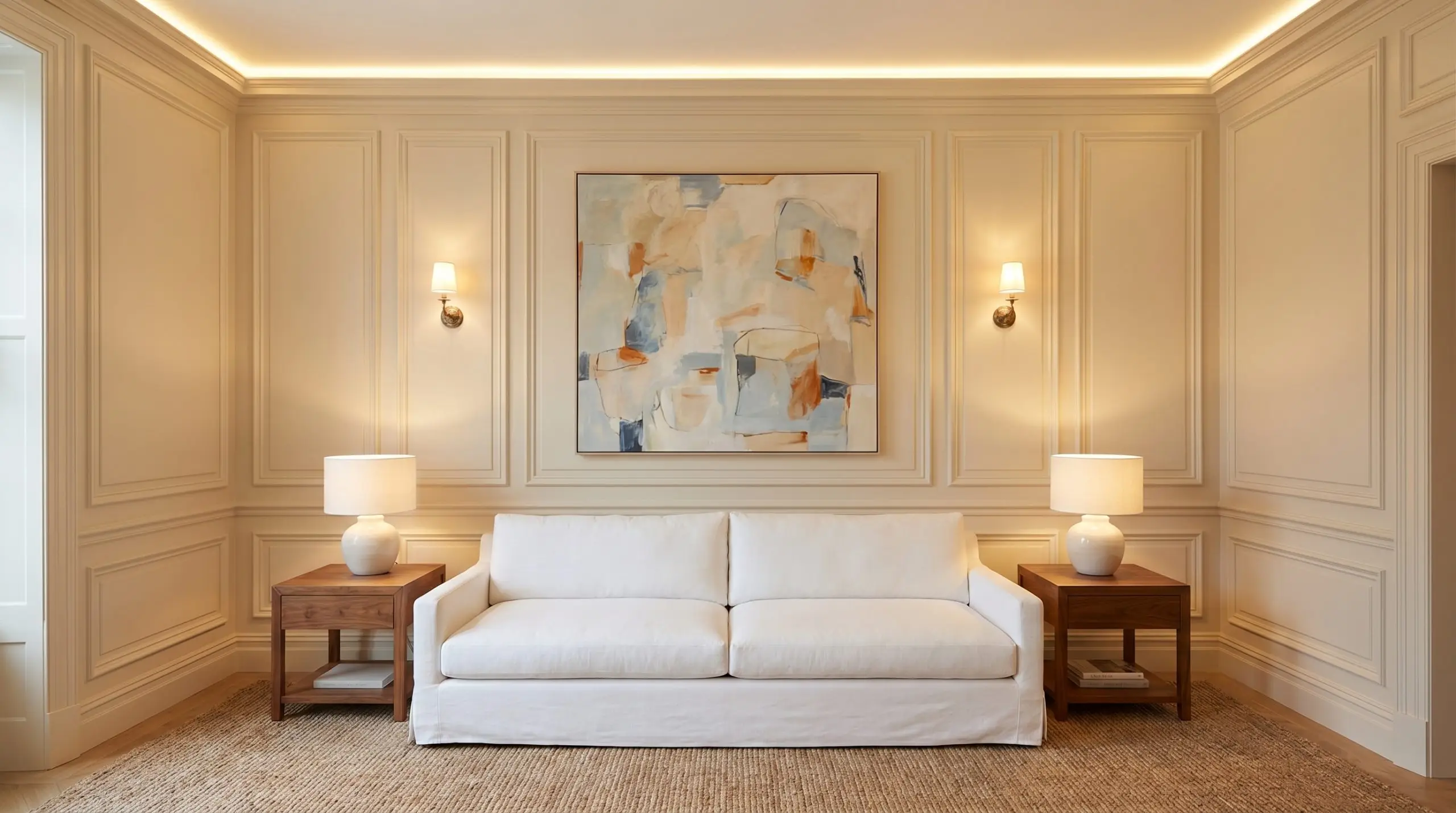 Intricate picture molding and wainscoting painted in Antique White SW 6119 (Hex #E8DCC6) backdrop a sleek modern slipcovered sofa, warm walnut side tables, and a textured jute rug.