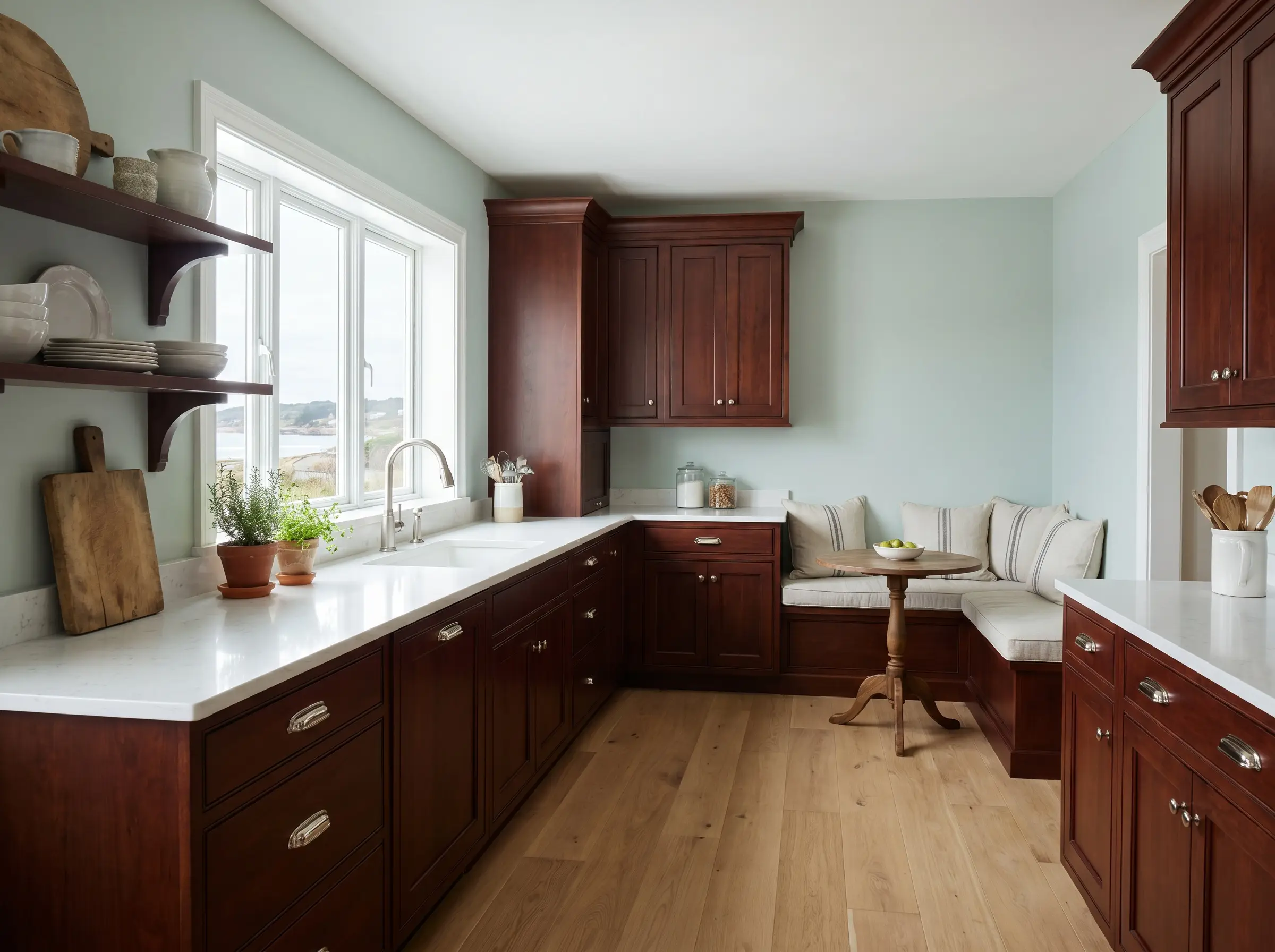 Muted coastal blue-green painted walls brighten heavy cherry wood cabinets, light countertops, and polished nickel hardware in a relaxed kitchen space.