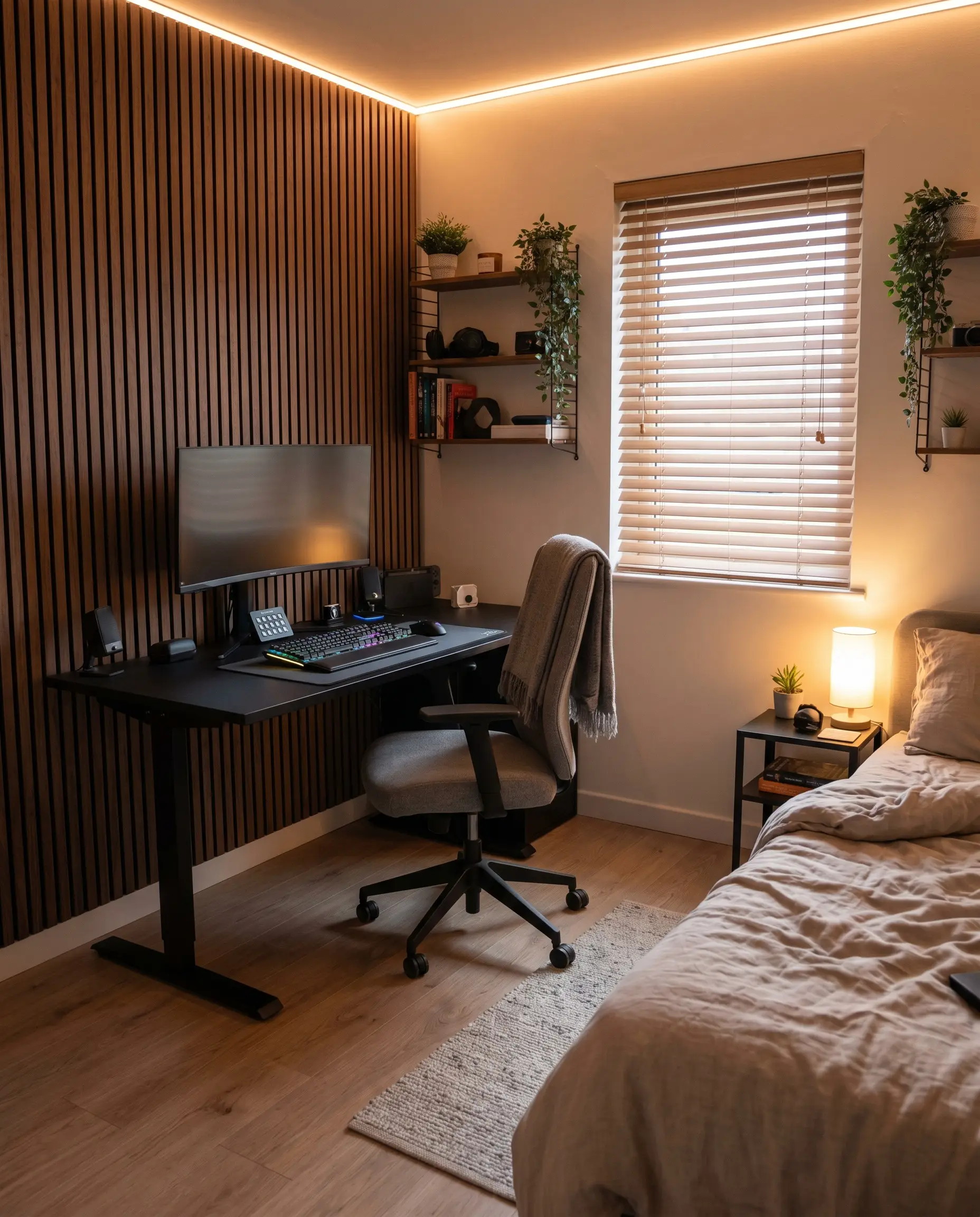 Walnut acoustic slat wood panels mount directly behind a matte black gaming desk and ergonomic chair in this modern teen boy bedroom design.