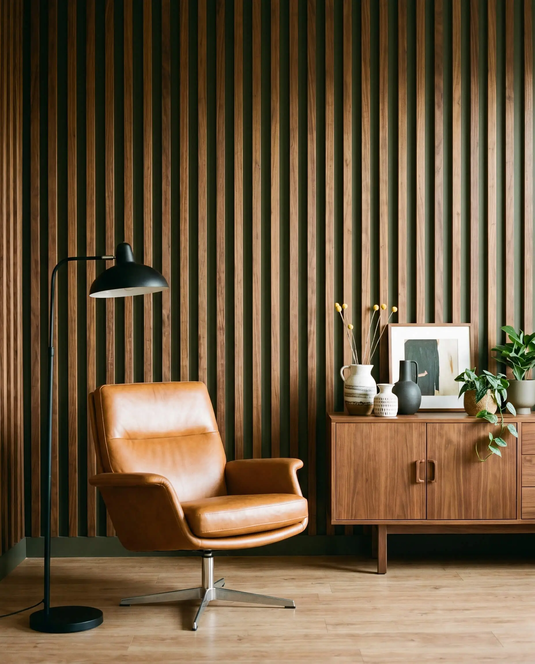 A caramel leather lounge chair and matte black floor lamp sit in front of vertical walnut acoustic wood slatted panels installed over dark green paint.