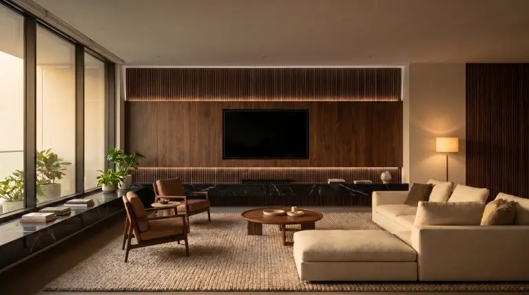 The Architectural Focal Point: 18 Ways to Style a Walnut & Dark Wood Slat Media Wall