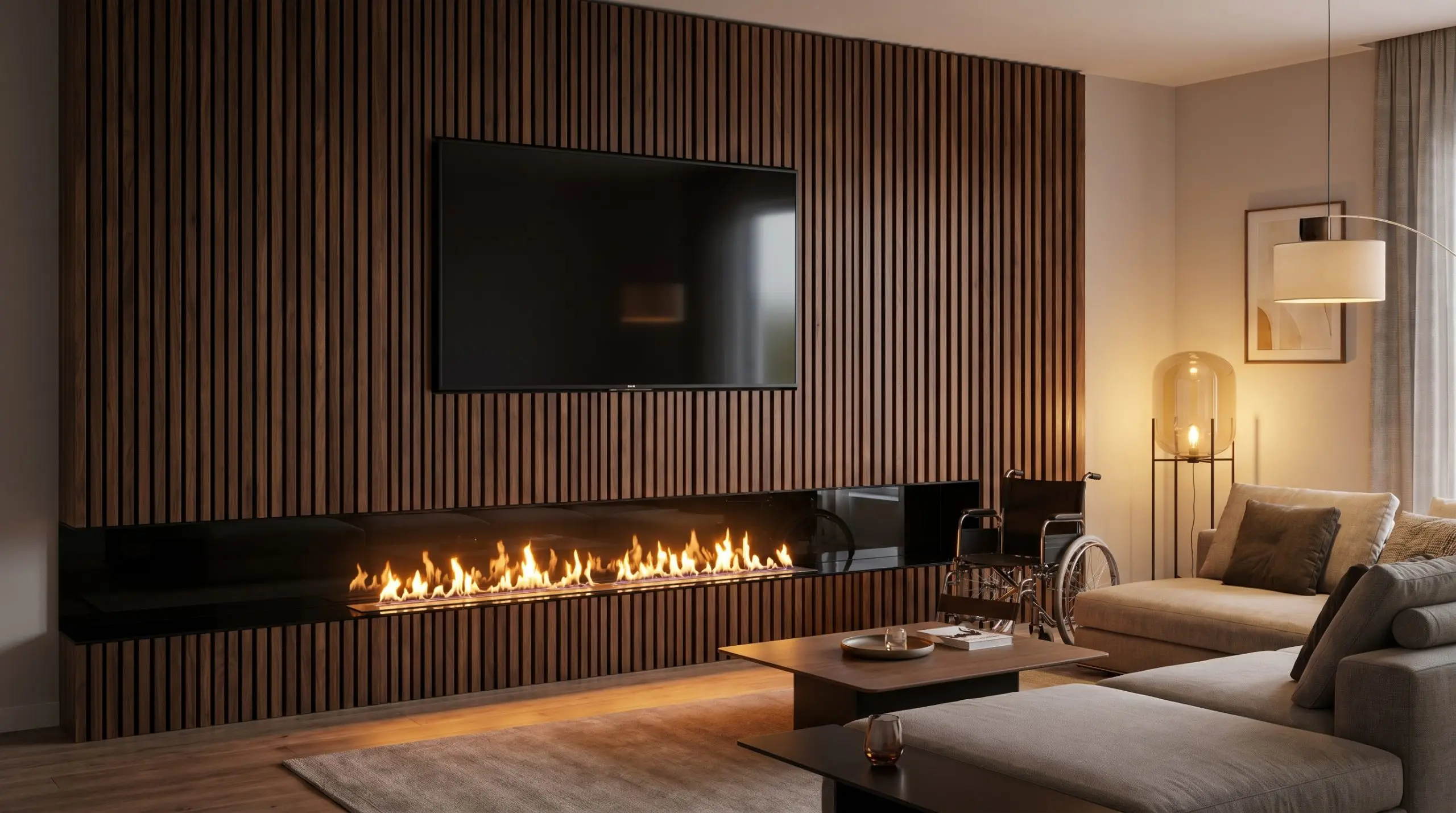 An ultra-wide linear bioethanol fireplace sits at the base of a walnut and dark wood slat media wall below a mounted flat-screen television.