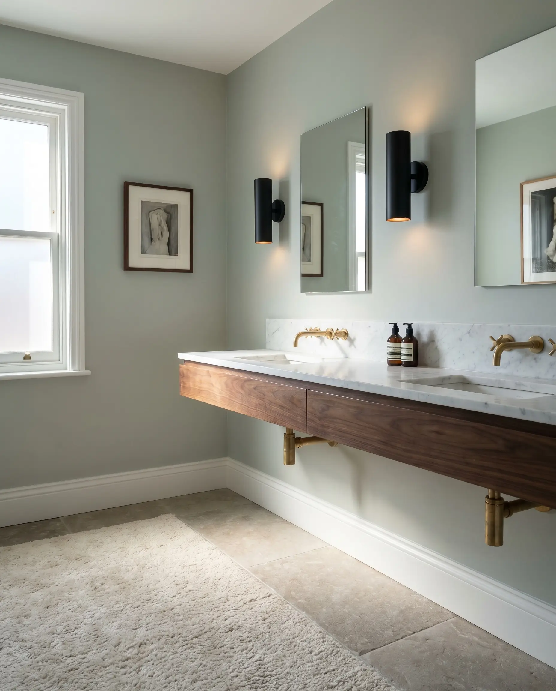 A walnut floating vanity with unlacquered brass plumbing sits against a soothing spa-like architectural finish painted in Benjamin Moore Palladian Blue (Hex #C1D1C9).