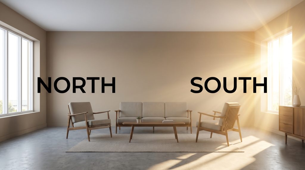 A split-screen living room painted in Behr Harvest Brown shifting from a flat earthy brown in cool Northern light to golden-orange in warm Southern exposure.