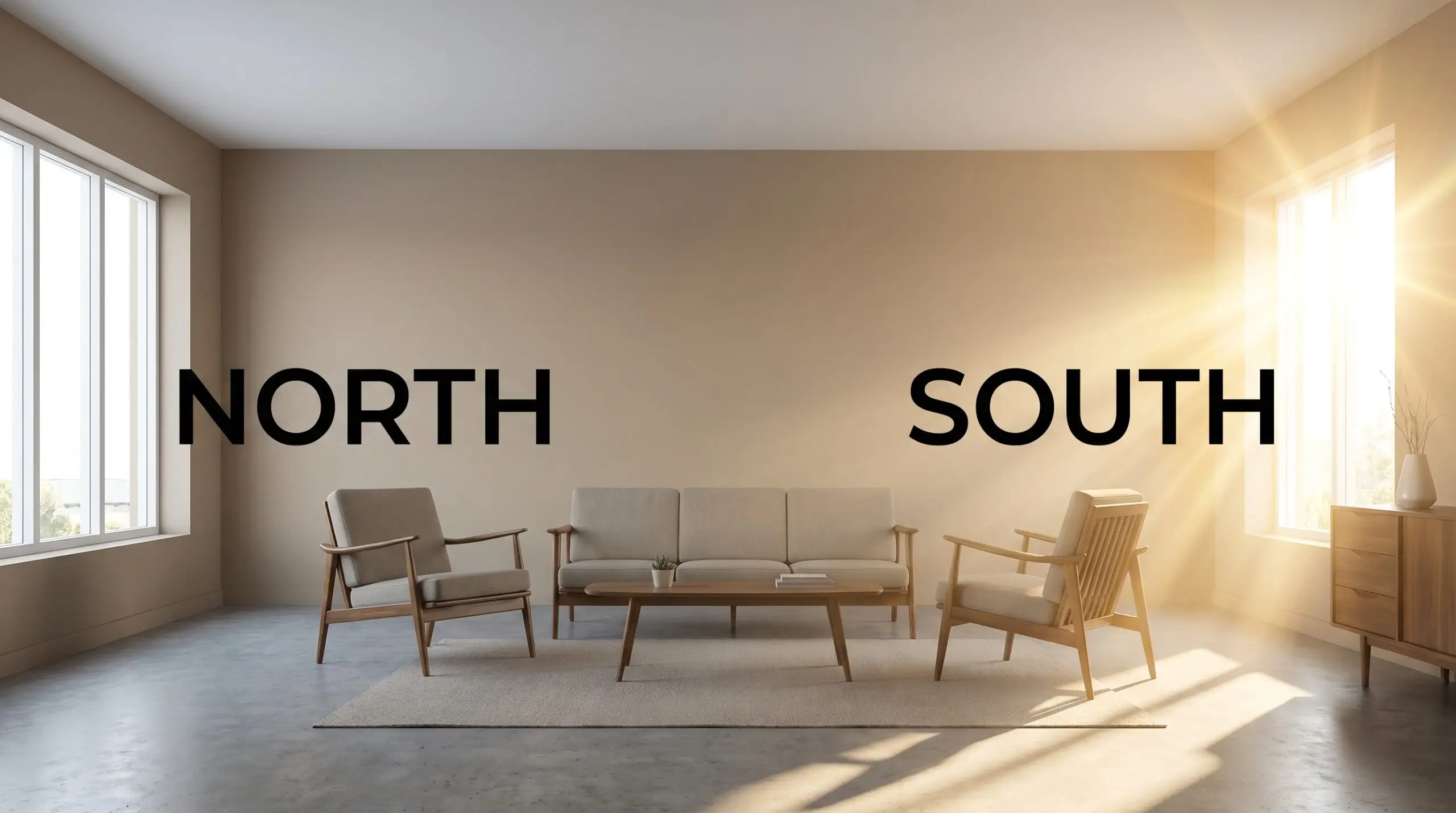 A split-screen living room painted in Behr Harvest Brown shifting from a flat earthy brown in cool Northern light to golden-orange in warm Southern exposure.