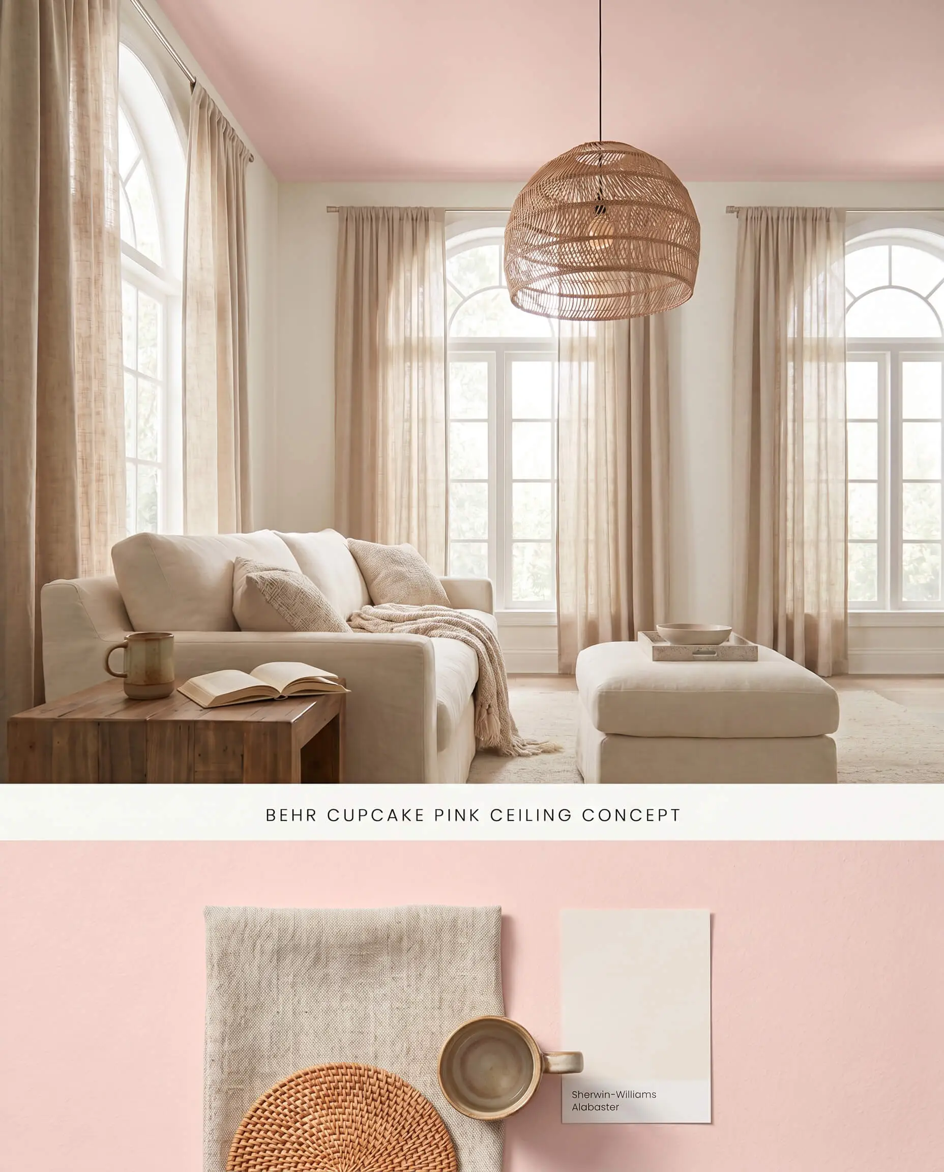 An integrated conceptual board for an intimate living space highlighting a dead-flat warm blush painted ceiling, set above a flat-lay of porous linen drapery and woven rattan materials.