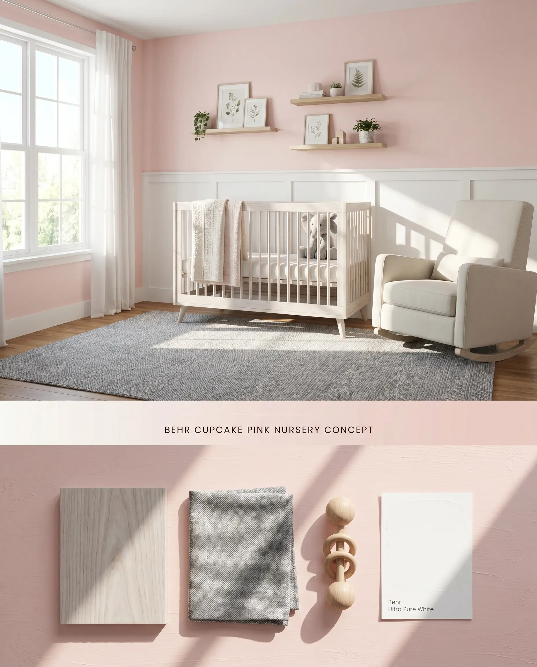 A split digital conceptual board for a serene nursery displaying warm blush upper walls alongside a textured flat-lay of whitewashed ash wood and cool gray textiles.