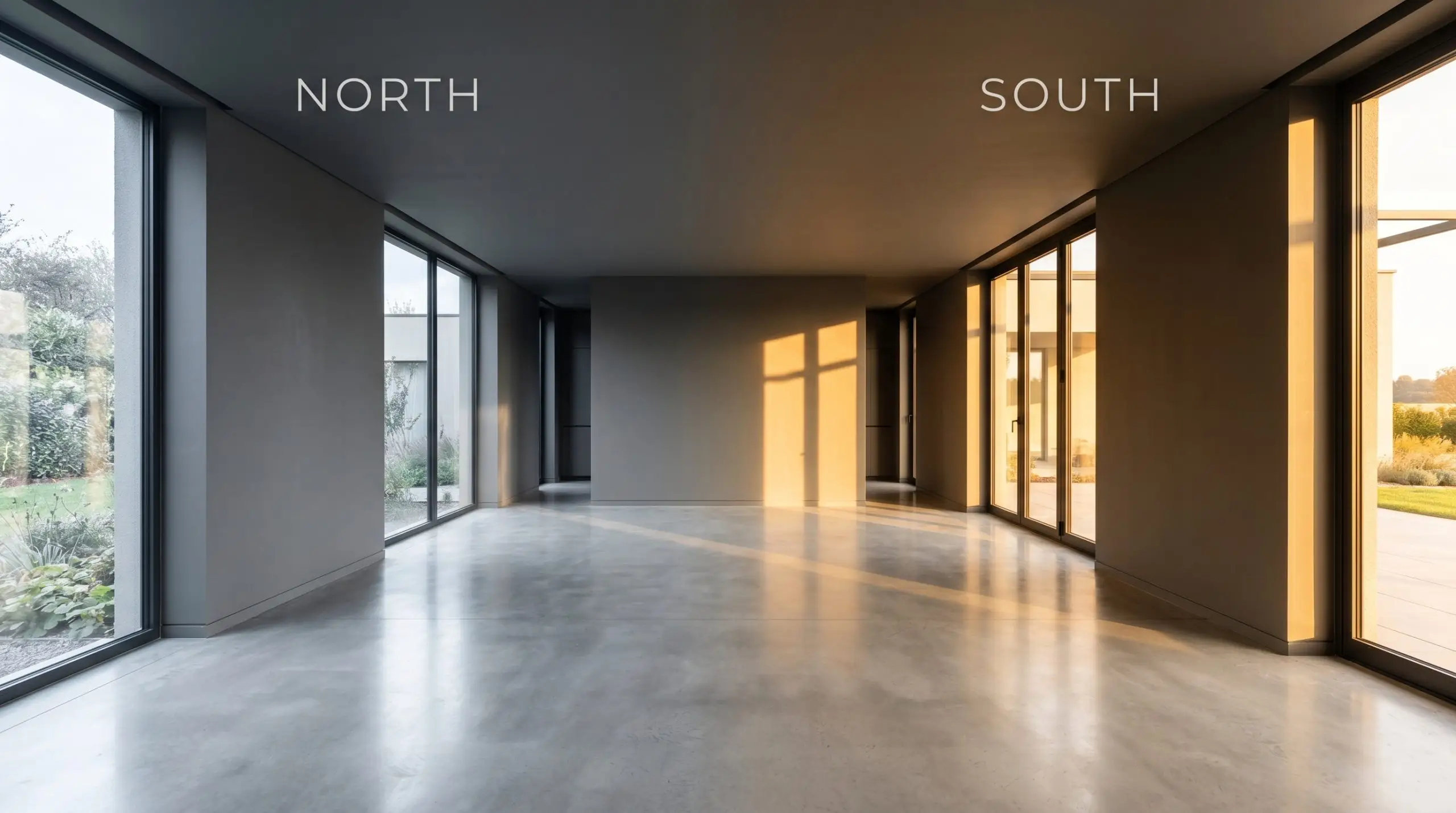 An empty minimalist living room painted in Benjamin Moore Iron Mountain (Hex #575553) shifts from a cool flat tone in North-facing light to a warm earthy cast in South-facing exposure.