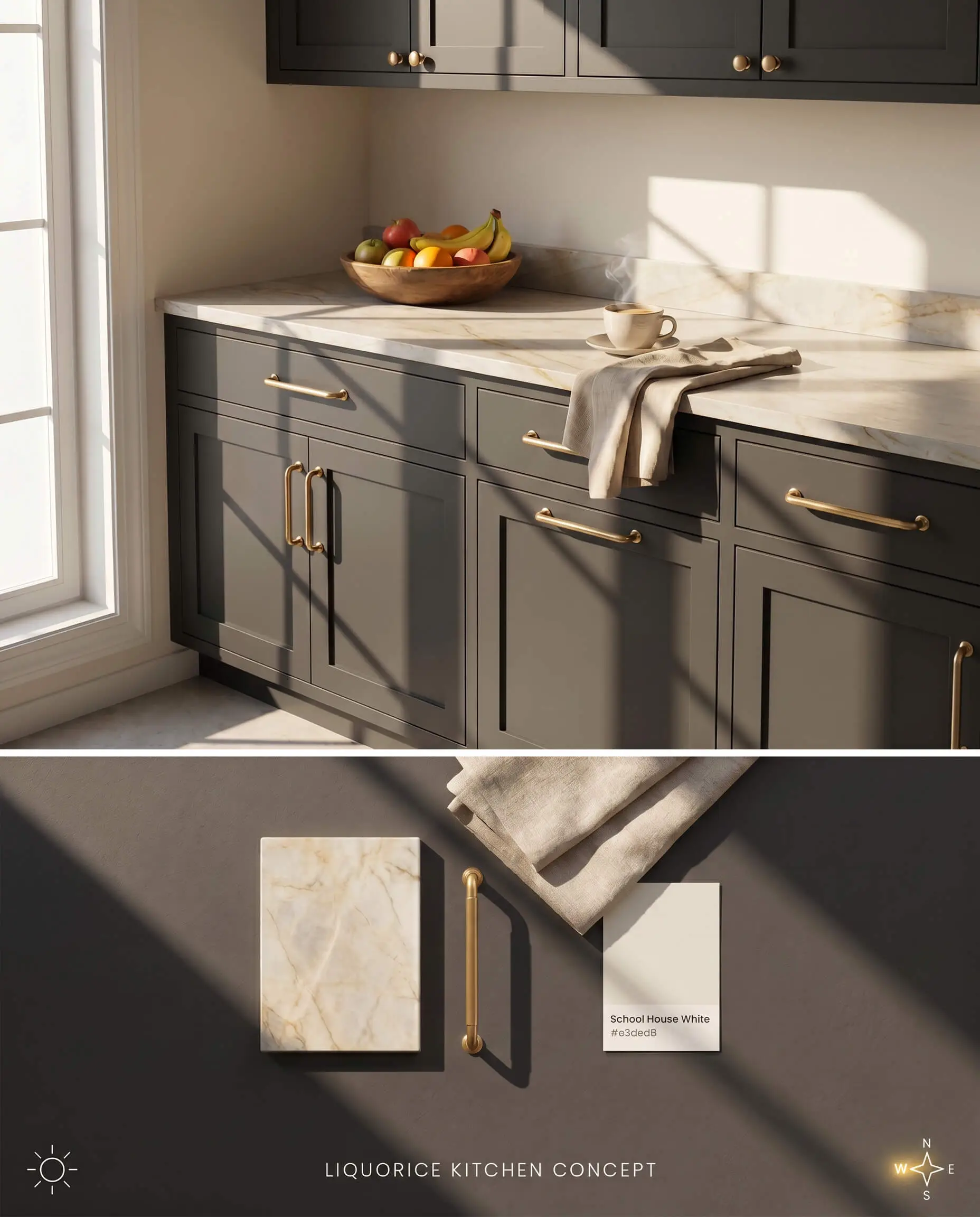 A split digital conceptual board featuring lower kitchen cabinets painted in Farrow & Ball Liquorice on top, and a flat-lay of Taj Mahal quartzite, unlacquered brass, and linen textiles on the textured bottom section.