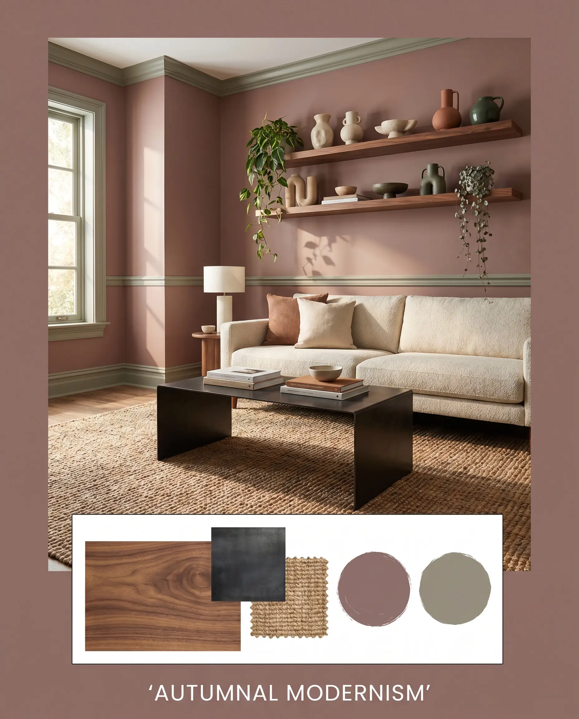 Walnut floating shelves holding sculptural ceramics and trailing plants hang above a blackened steel coffee table and textured jute rug in a modern organic space.