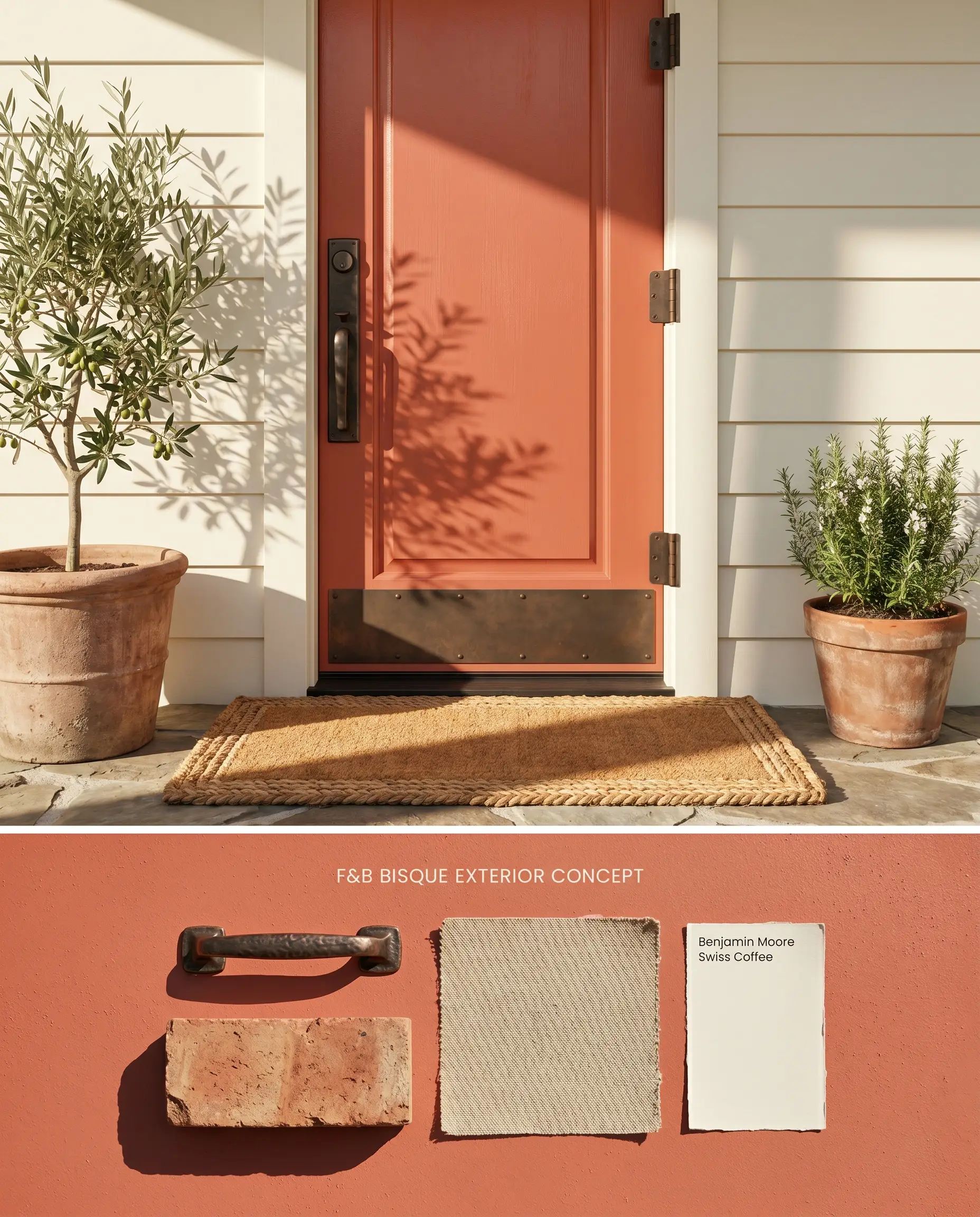A split digital conceptual board presenting a yellowed orange front door on top, with physical oil-rubbed bronze hardware and terracotta brick below.