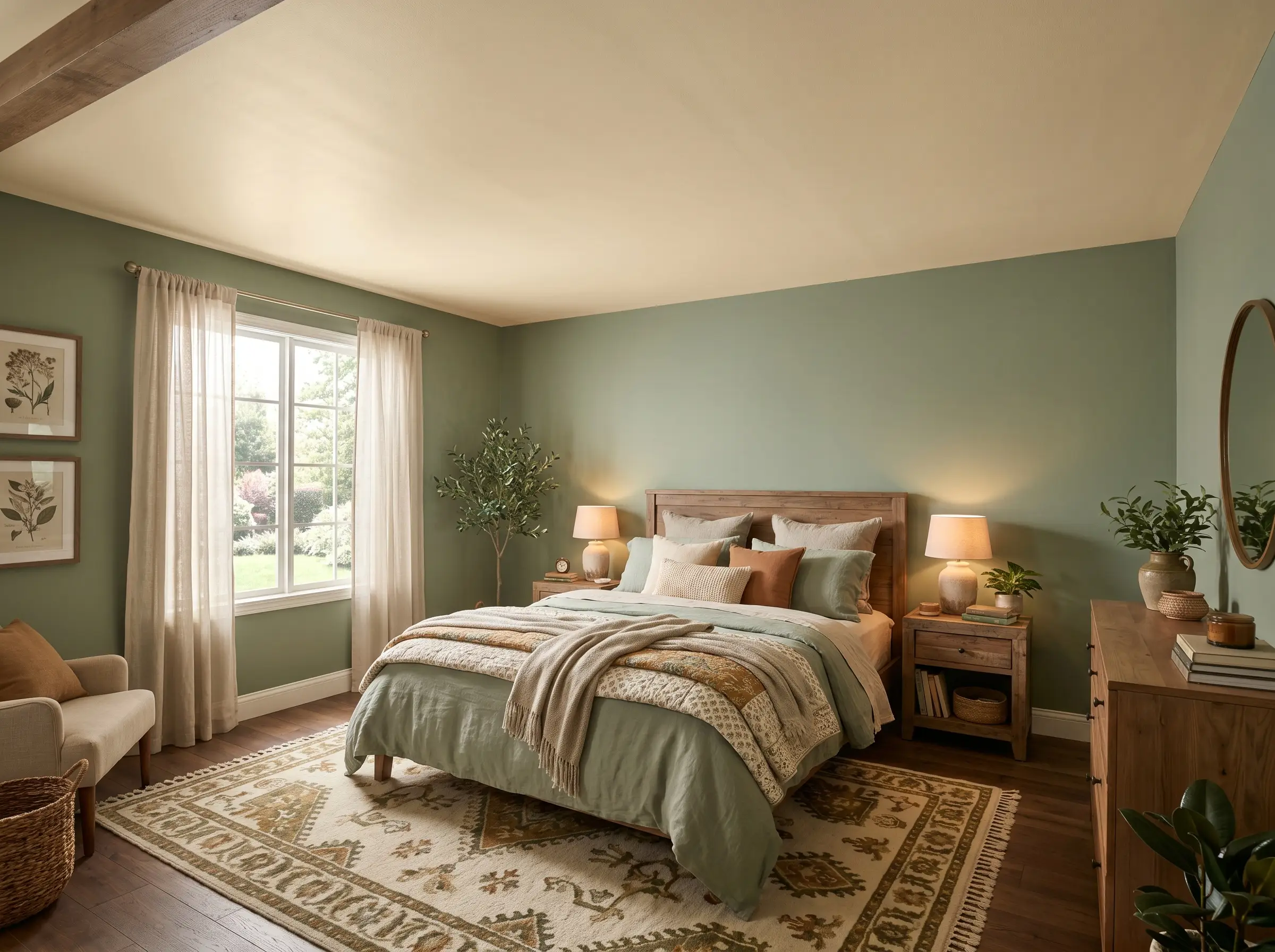 A standard-height bedroom ceiling features heavily tinted warm cream paint above mid-tone sage green walls and a cozy layered bed.
