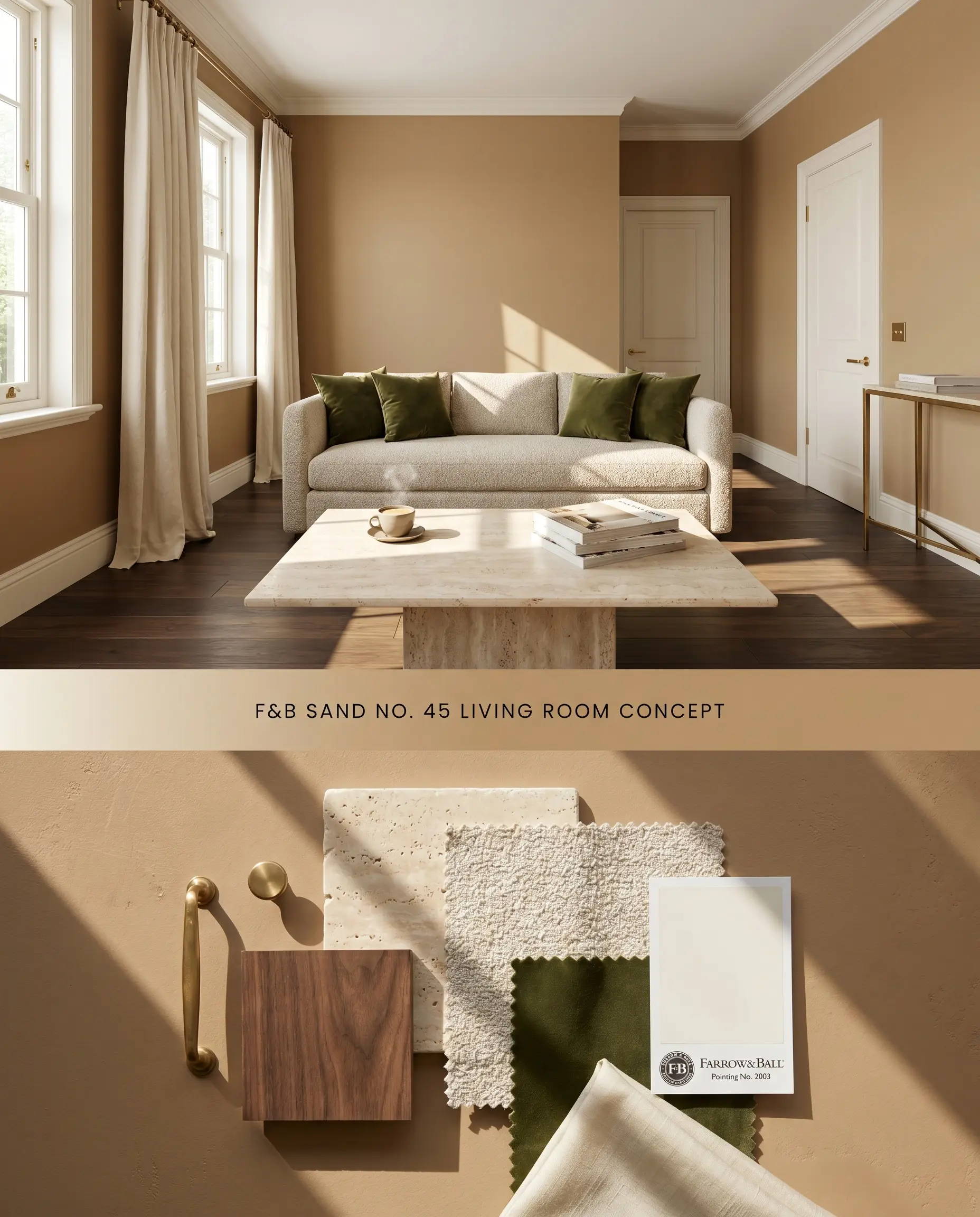 A split digital conceptual board for a living room showcasing Farrow & Ball Sand walls on top, with a textured flat-lay of unlacquered brass, travertine, and walnut samples below.