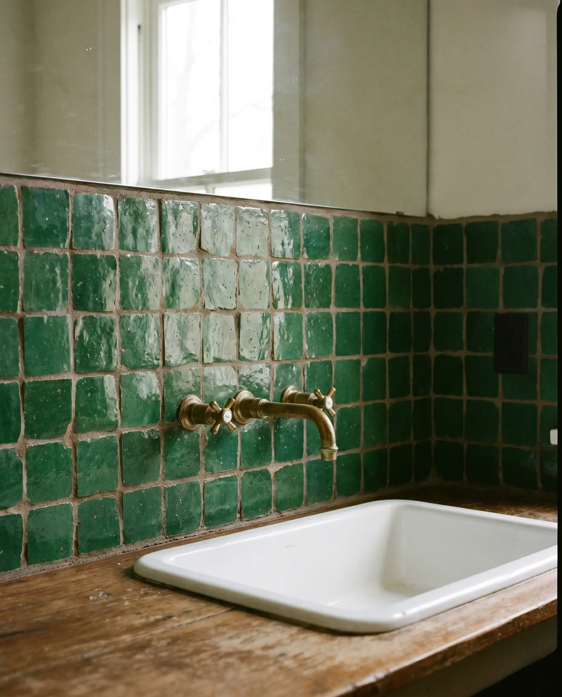 Aged brass plumbing fixtures and a classic white under-mount sink are framed by a green zellige tile bathroom backsplash featuring warm gray grout.