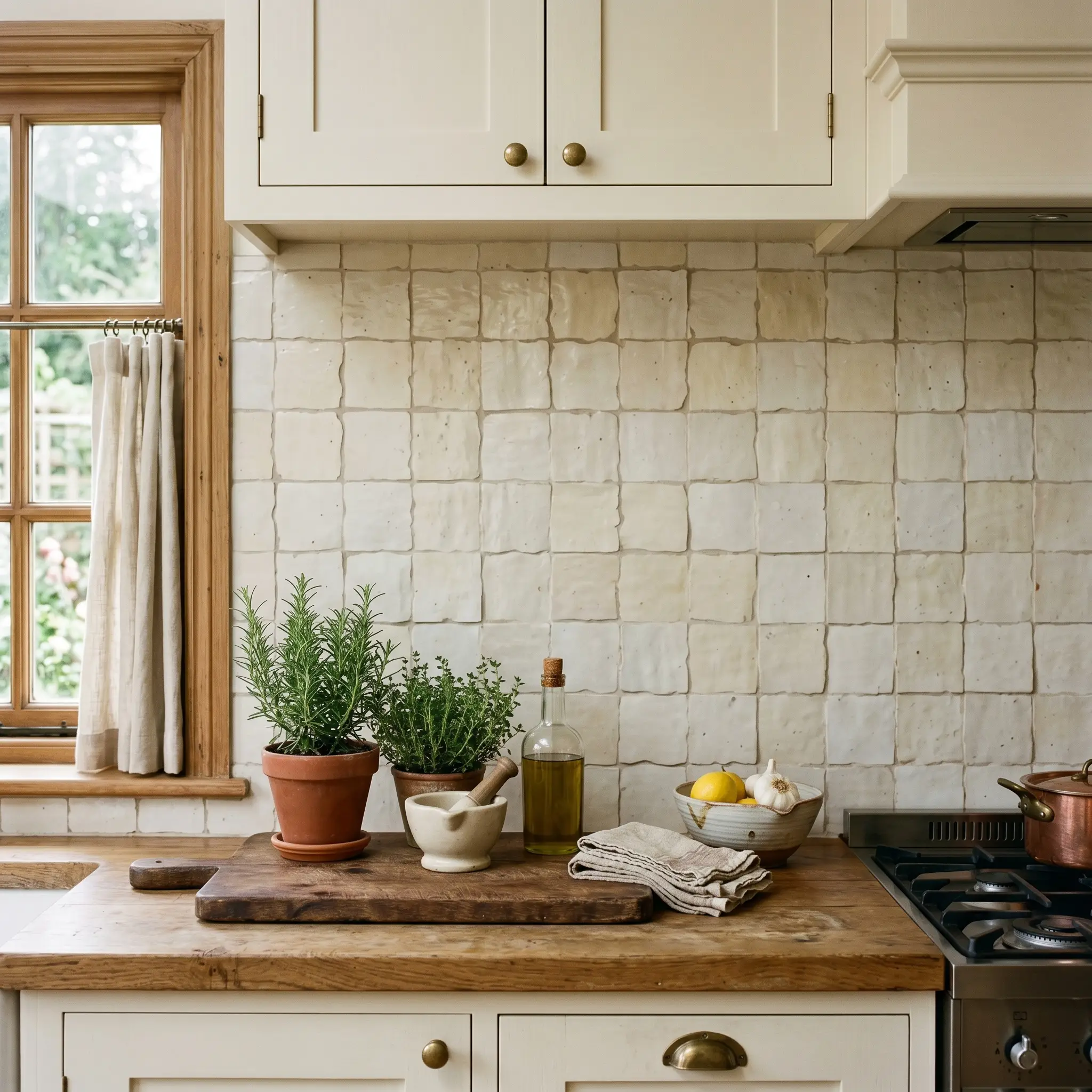 Light warm gray grout mimics natural shadow to gently outline the irregular hand-chiseled edges of an authentic wabi-sabi terracotta tile wall.