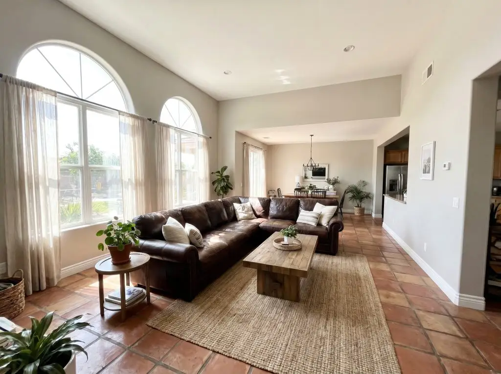 Terracotta floor tiles and a heavy dark leather sofa ground an open living space painted in one of the best greige paint colors.