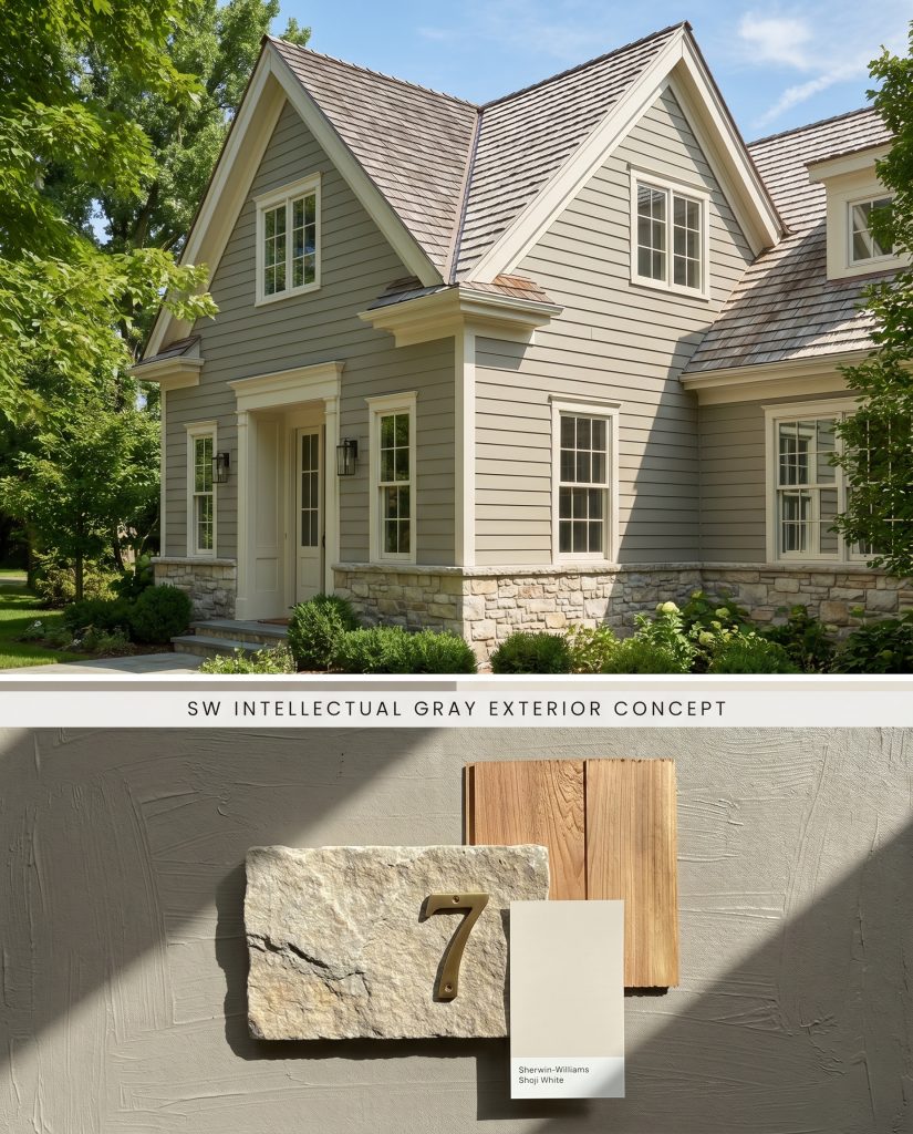 A split digital conceptual board displaying a home exterior in a muddy green hue above a textured flat-lay of tumbled limestone and cedar shingles.
