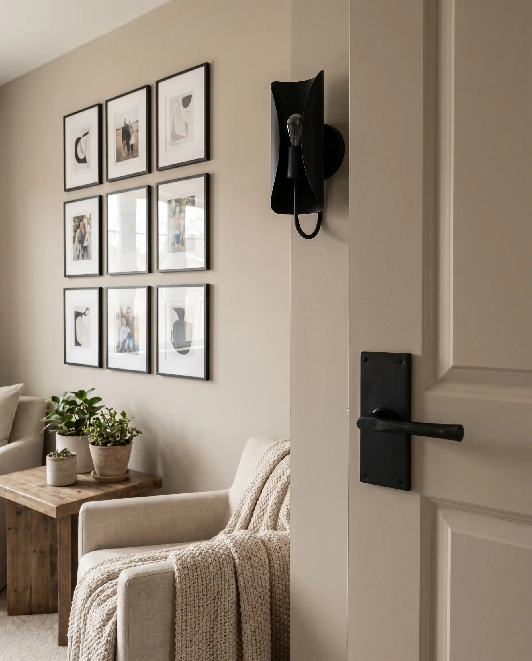 Matte black forged iron door hardware and a black metal picture frame gallery wall provide sharp industrial contrast against a warm greige interior door.