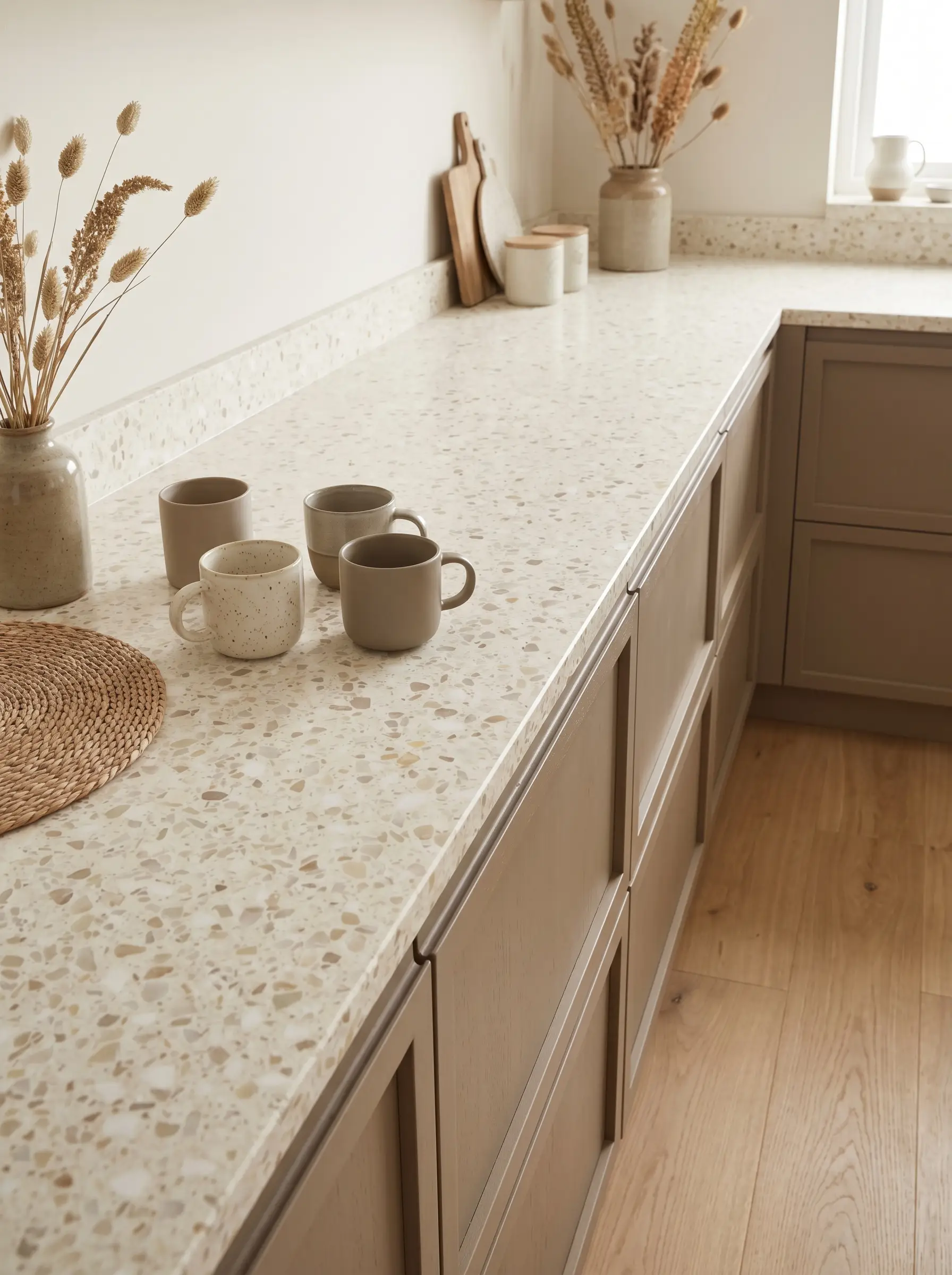 Large-aggregate cream terrazzo countertops bridge earthy taupe cabinetry and subtle wood flooring, styled with minimalist ceramic mugs.
