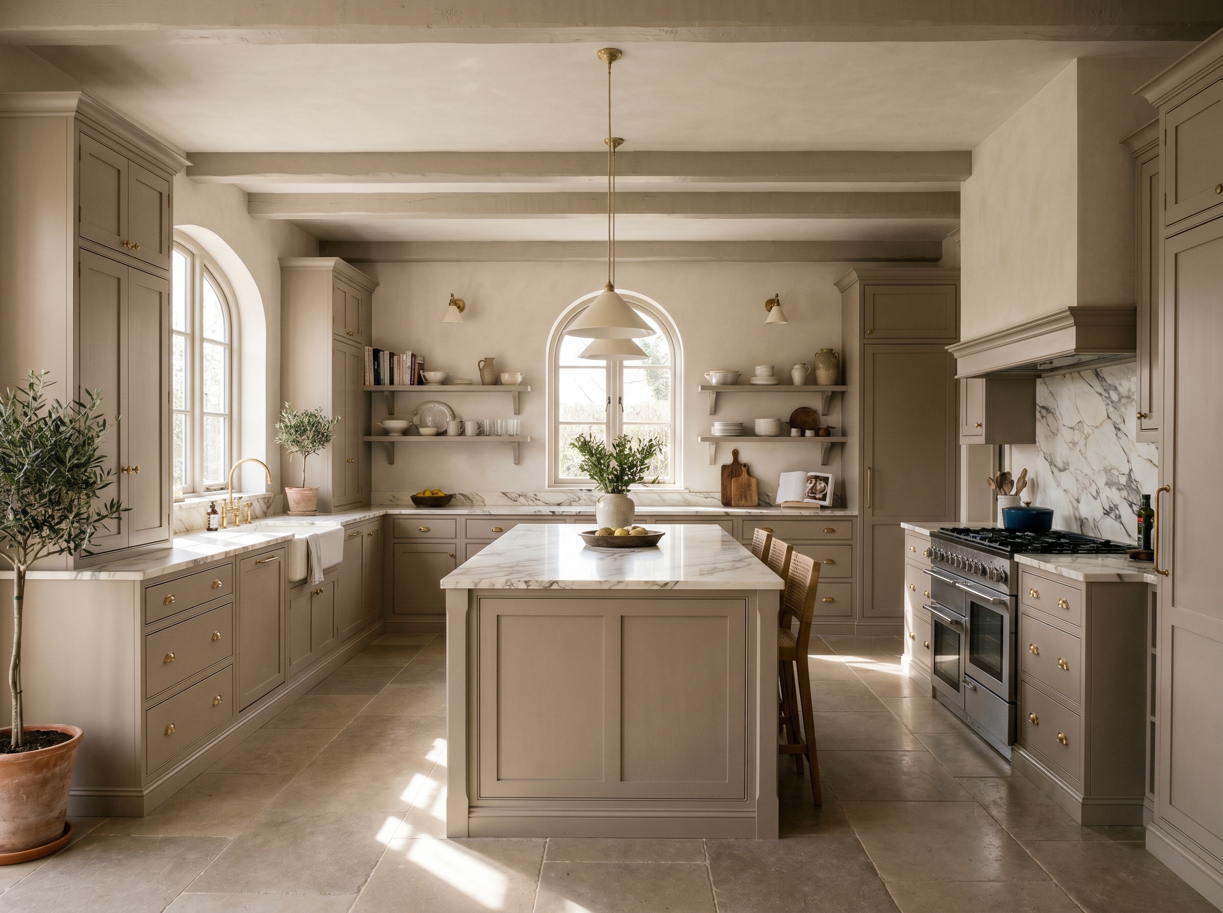 21 Warm Greige Kitchen Pairings: Paint, Metals & Stone