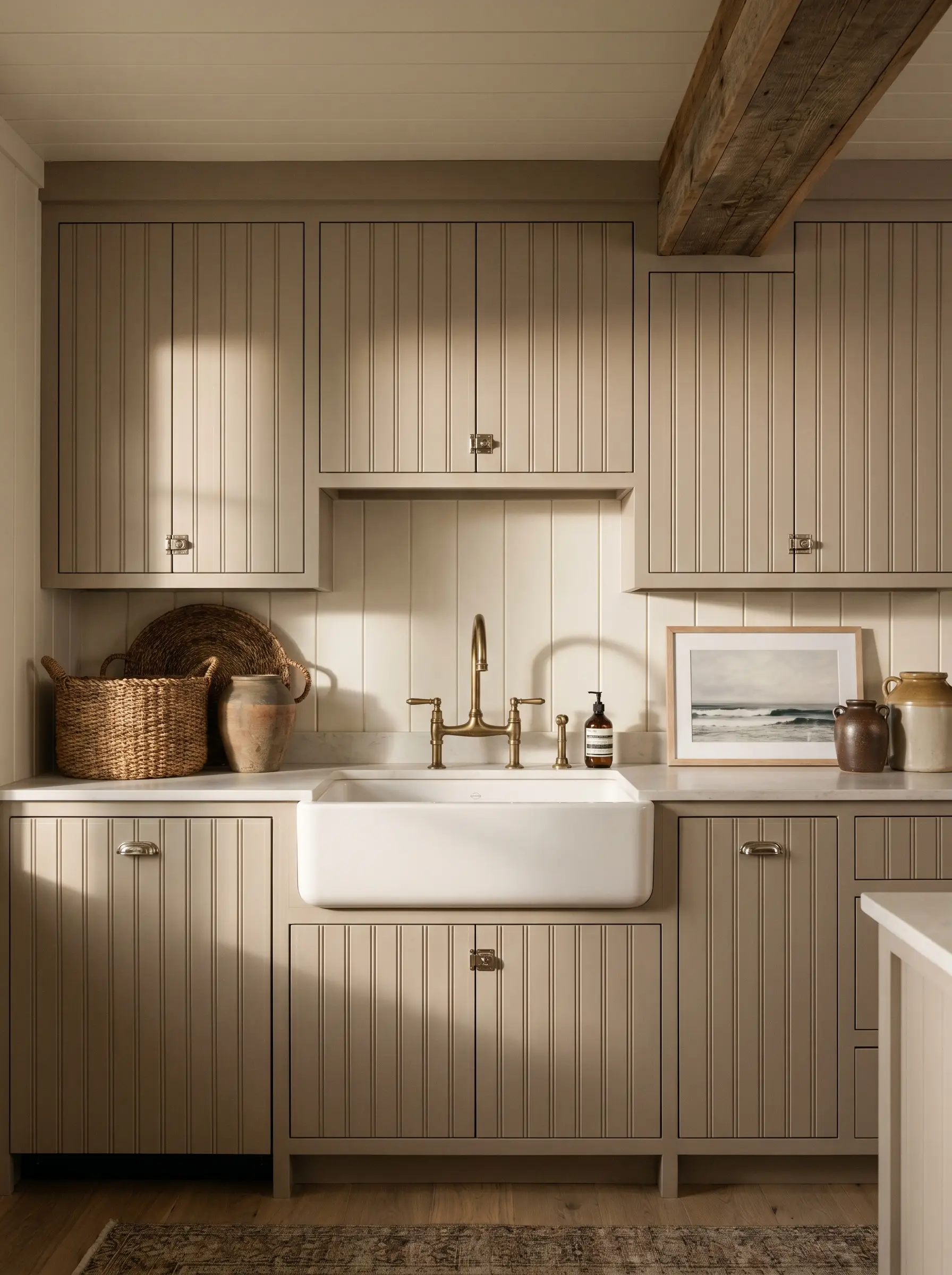 V-groove beadboard cabinet fronts painted in Sherwin-Williams Shiitake feature polished nickel latches and surround a classic farmhouse sink.
