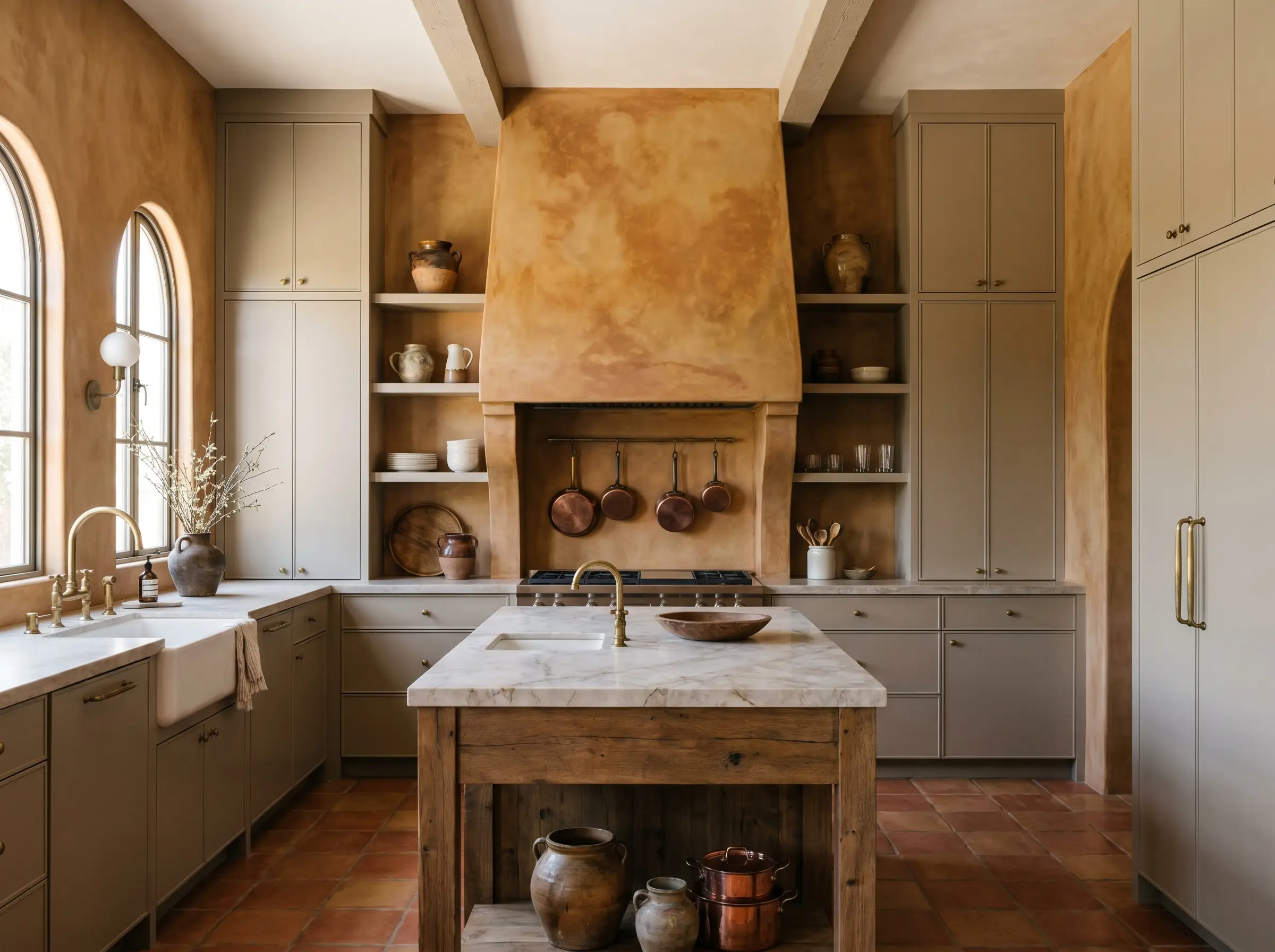 A custom Tadelakt plaster range hood with a velvety, mottled texture serves as the focal point, framed by smooth painted greige millwork.