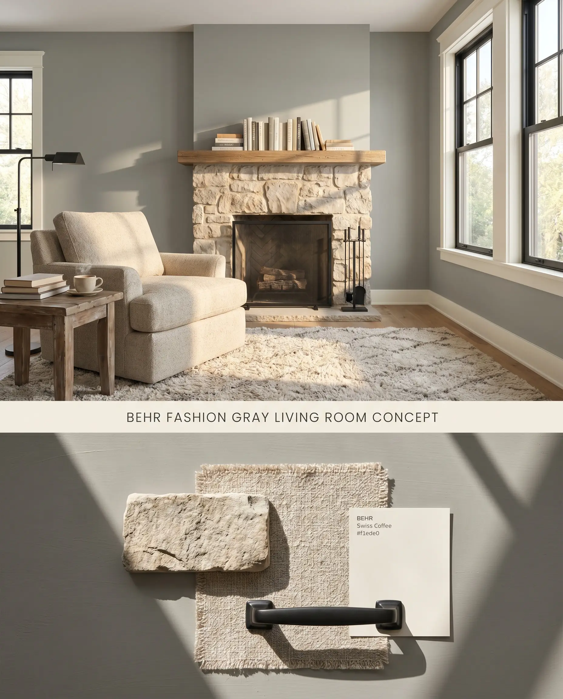 A split digital conceptual board for a living room featuring medium-toned warm gray walls above, and a textured flat-lay with limestone and linen below.