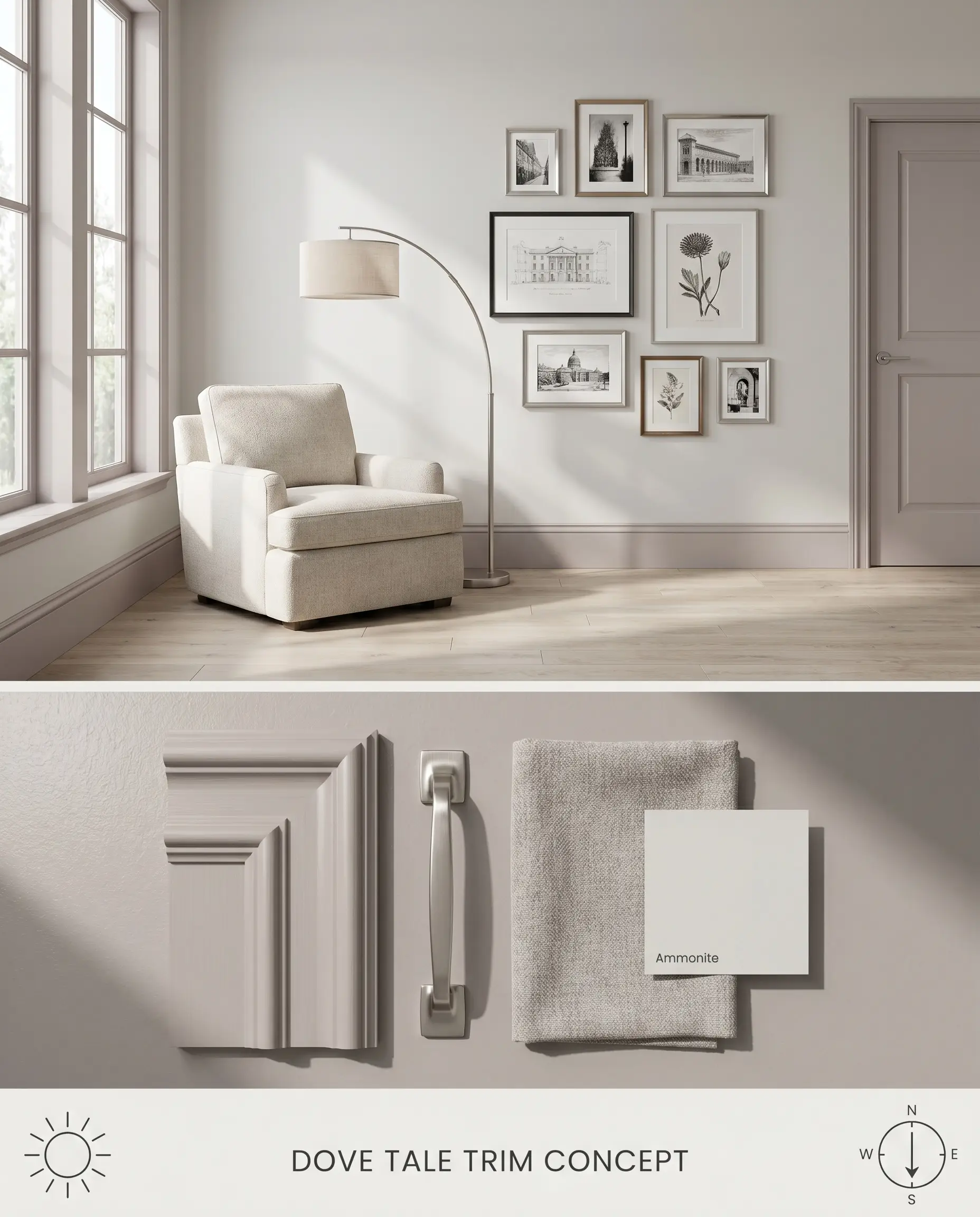 A split digital conceptual board for architectural trim showcasing Dove Tale on window mullions and baseboards alongside pale tone-on-tone grey walls.