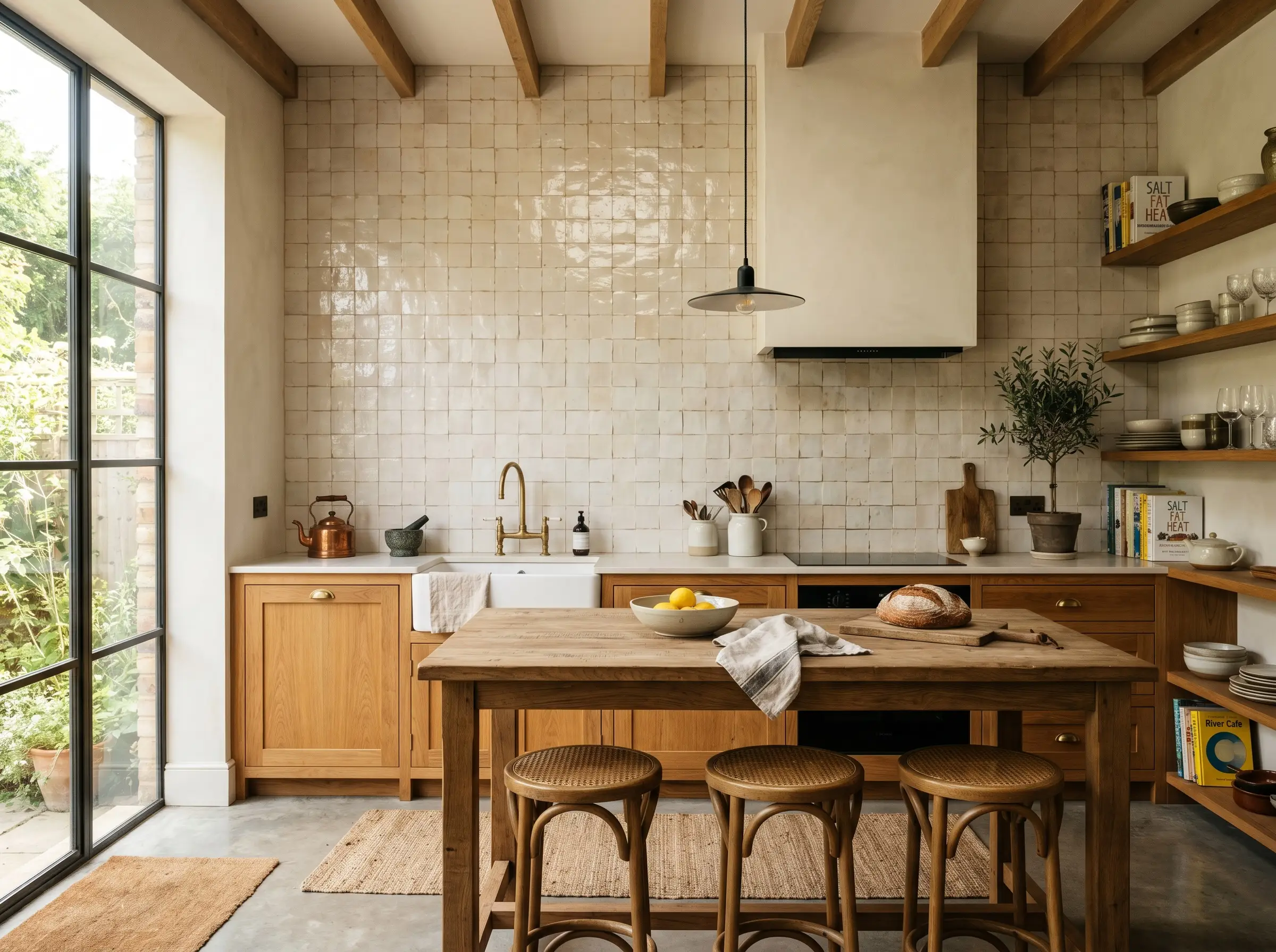 An undulating cream zellige backsplash kitchen ideas application anchors a warm minimalist layout featuring a wooden dining island and accessible culinary decor.
