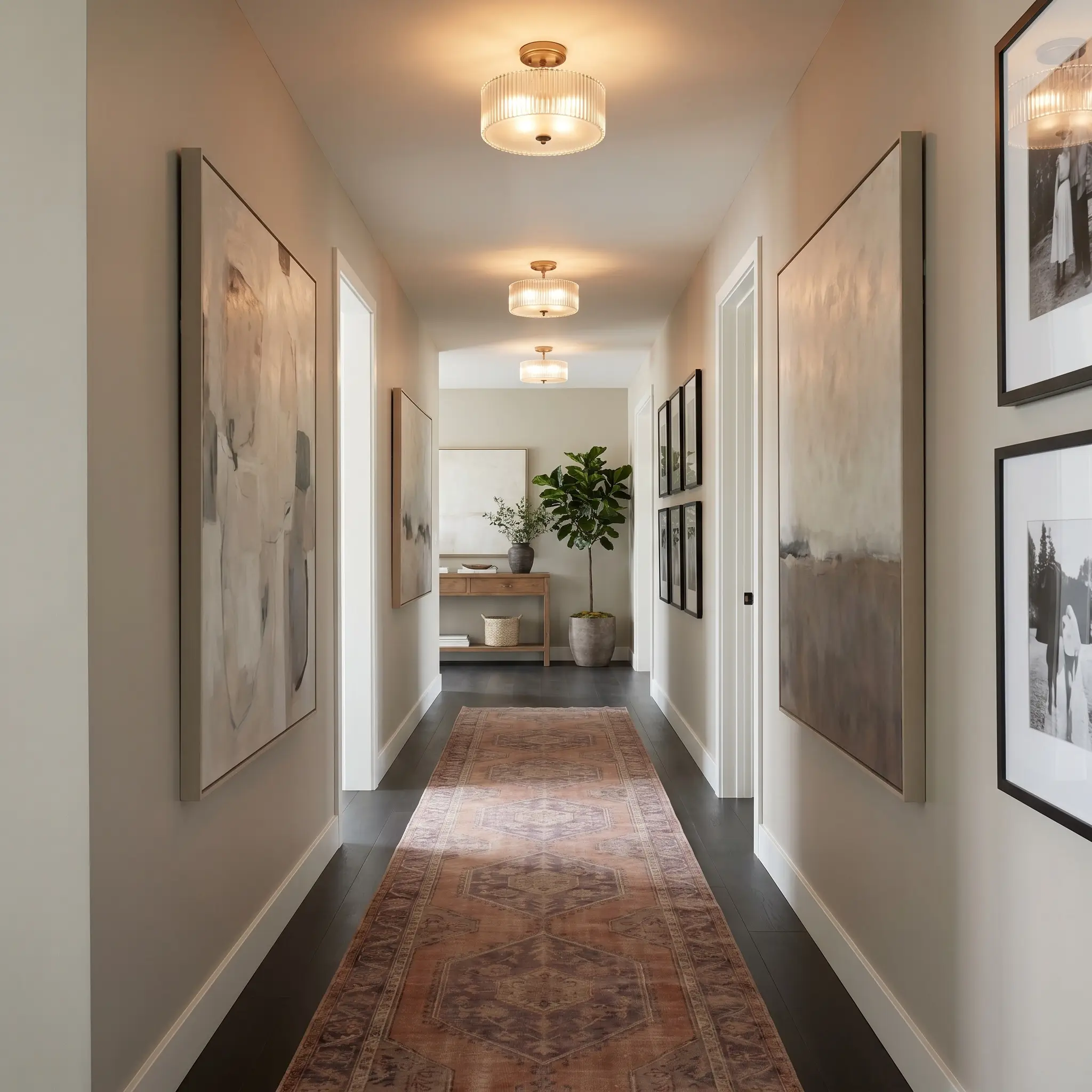 Fluted glass flush-mount fixtures cast a warm glow over an art gallery hallway featuring oversized abstract canvases and a muted terracotta runner rug.