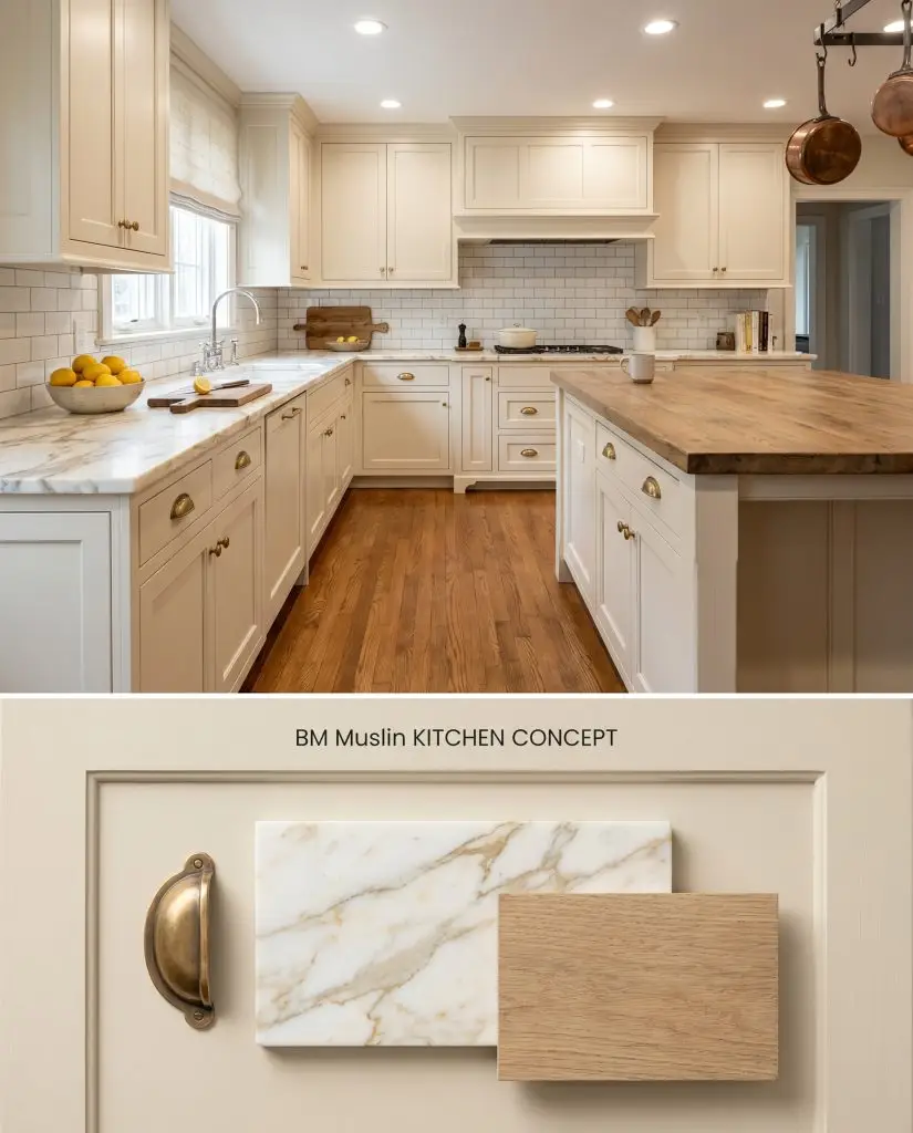 A split digital conceptual board for a kitchen showcasing Benjamin Moore CC-110 cabinetry above a flat-lay of Calacatta marble and unlacquered brass.