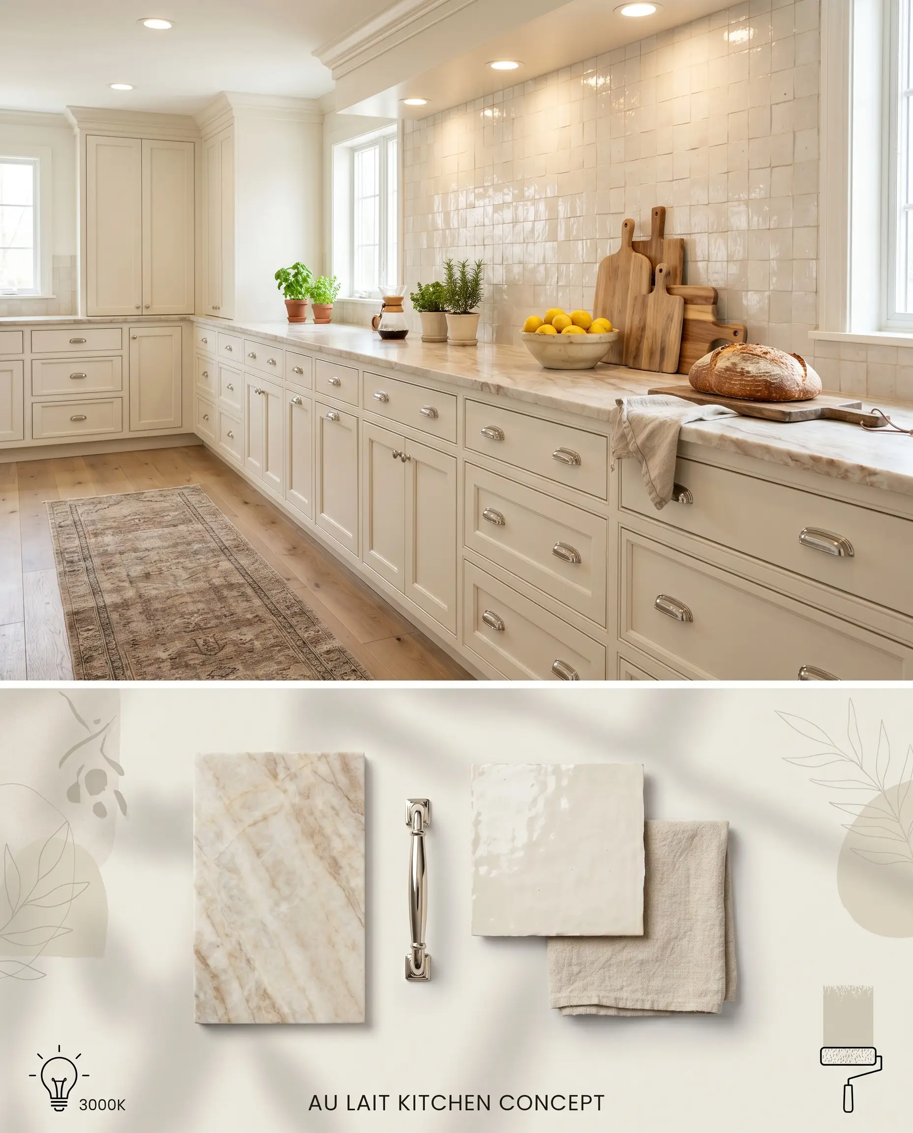 A split digital conceptual board showcasing Farrow & Ball Au Lait lower kitchen cabinetry above a flat-lay of Taj Mahal Quartzite and polished nickel.
