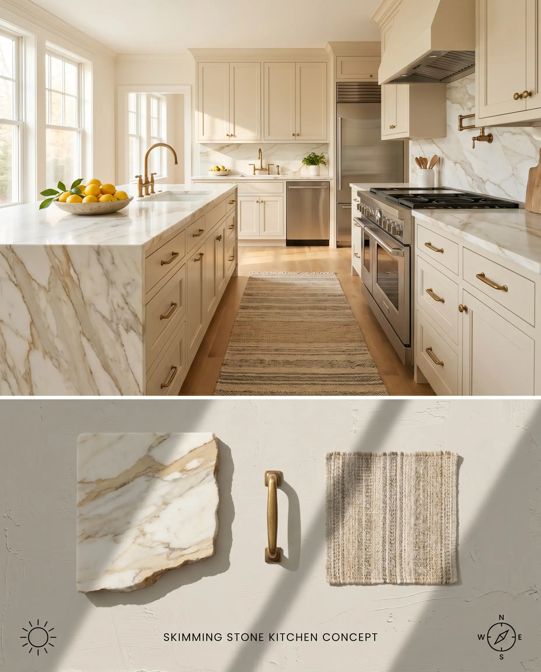 A split digital conceptual board for a contemporary kitchen featuring cabinetry painted in Farrow & Ball Skimming Stone, complemented by Calacatta Gold quartzite countertops and a bottom materials flat-lay.