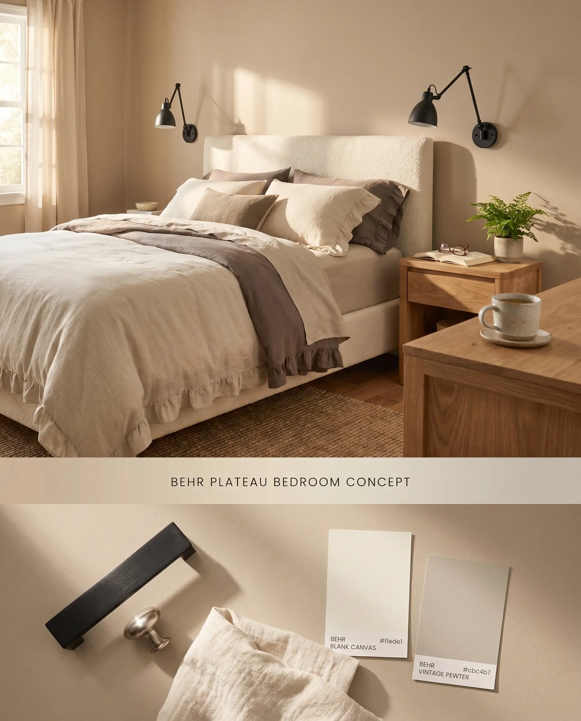An 80/20 conceptual board for a cozy bedroom showcasing Behr Plateau on the top wall, and a textured bottom section with hardware and linen.