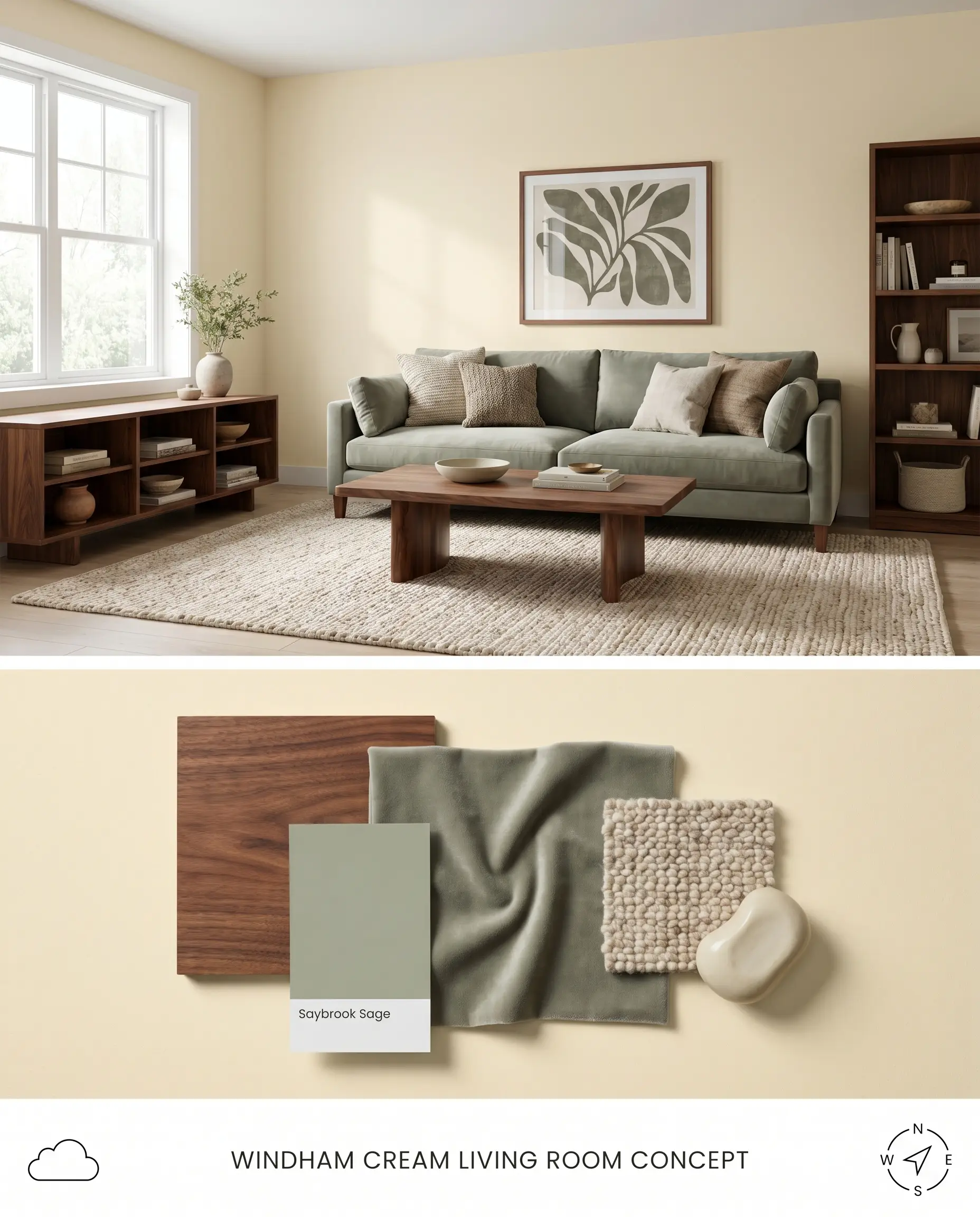 This composite digital concept board features a north-facing living room painted in Windham Cream on top, and a textured flat-lay with walnut wood and green-gray velvet below.